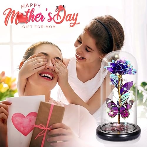 Miniatura 3 de DEEMEI Regalos de cumpleaños para mujeres, rosa morada, flor eterna iluminada en cúpula de cristal con mariposa, regalos para mujeres, Acción de