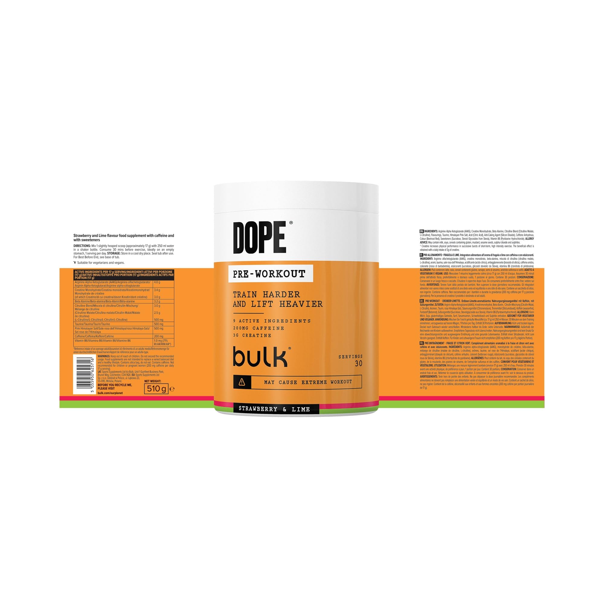 Bulk Dope Pre-Workout Powder, Strawberry & Lime, Energy Drink With Beta Alanine, Creatine, Caffeine, Arganine (AAKG), Citrulline, Taurine, Vitamin B6, 495 g, 30 Servings