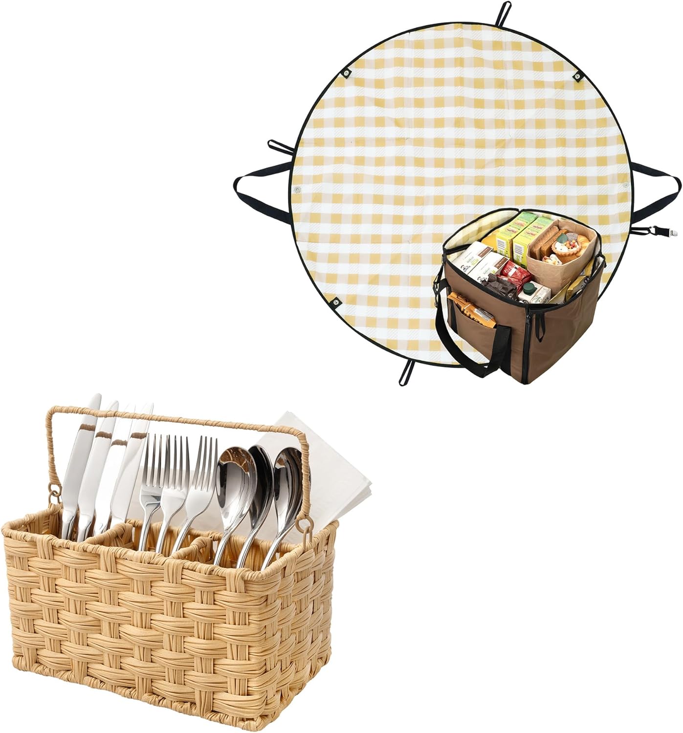 GRANNY SAYS Bundle of 1-Pack Wicker Utensil Caddy & 1-Pack 2-in-1 Picnic Blanket
