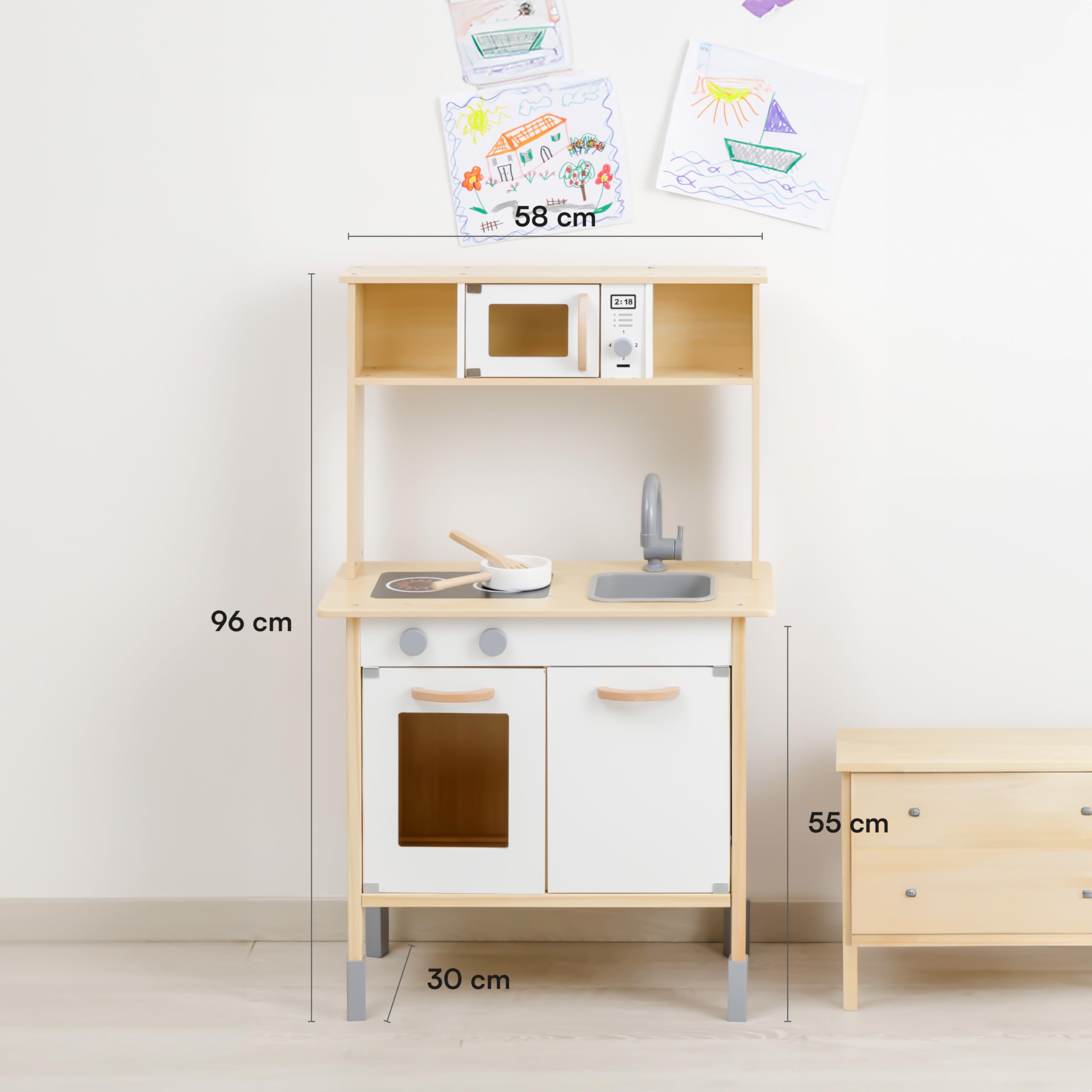 Baroni Toys Montessori Holzküche Spielzeug für Kinder, Mini-Küche aus Holz für Kinder, Spiel Küche mit Mikrowelle, Waschbecken und Herd, Spiel Kinder 3, 4, 5, 6, 7 Jahre