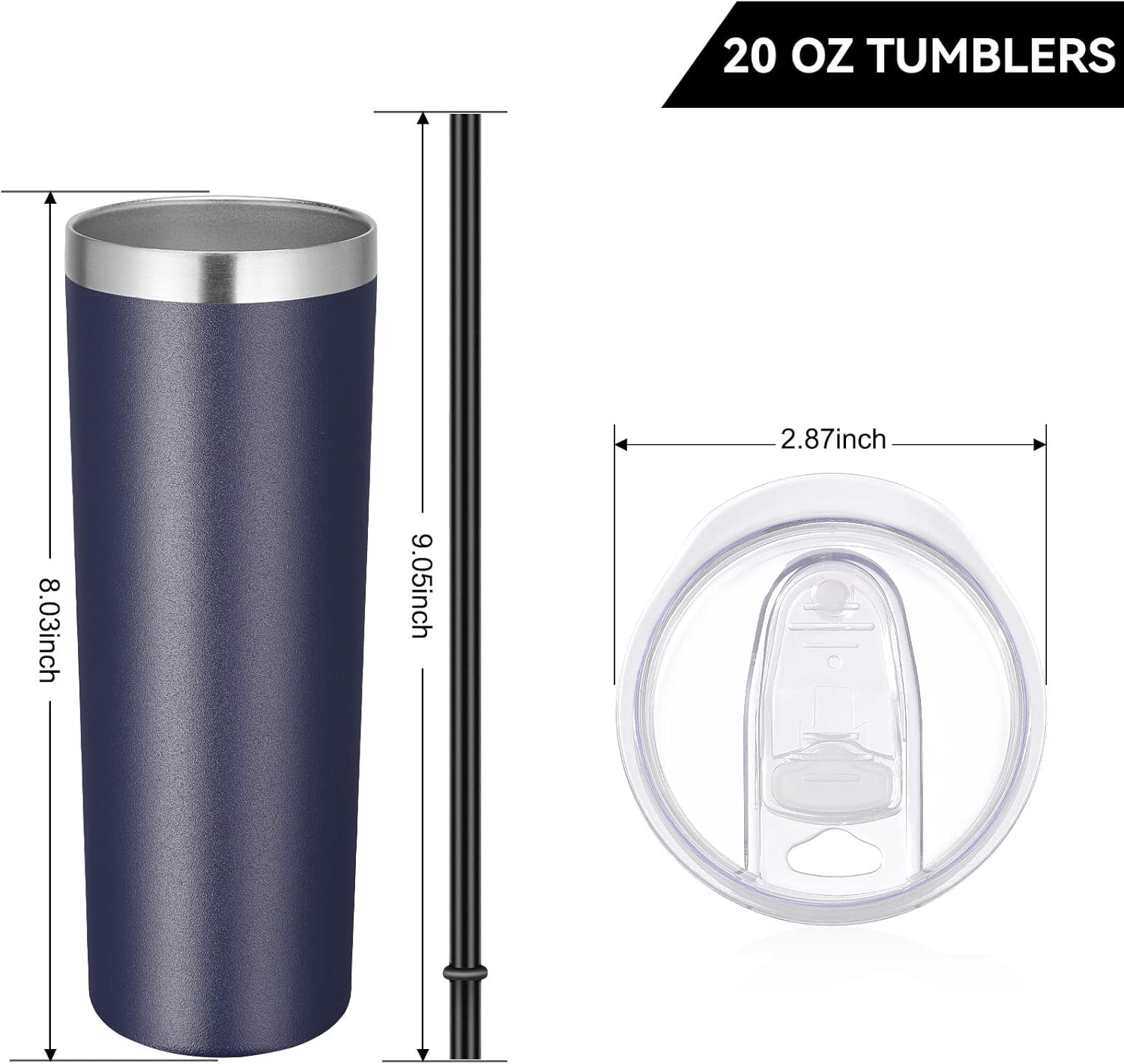 VEGOND Stainless Steel Tumblers Bulk 6 Pack, 20 oz Vacuum Insulated Skinny Tumblers with Lid and Straw, Double Wall Coffee Mug, Travel Water Cup, Navy Blue - Image 4
