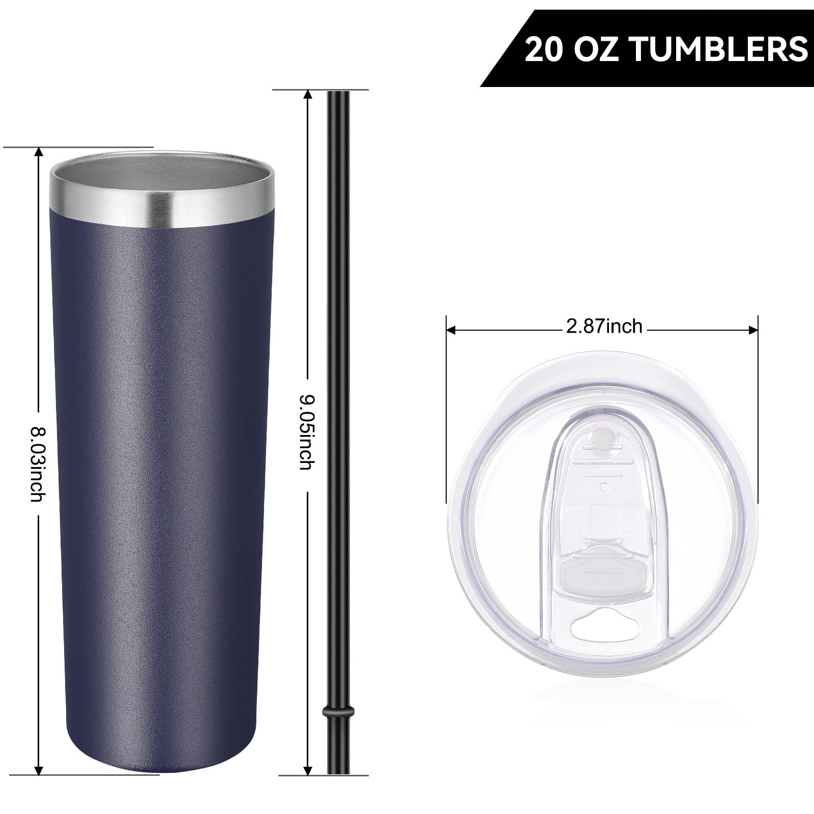 VEGOND Vasos de acero inoxidable a granel, paquete de 6, vasos delgados aislados al vacío de 20 onzas con tapa y popote, taza de café de doble pared, taza de agua de viaje, azul marino