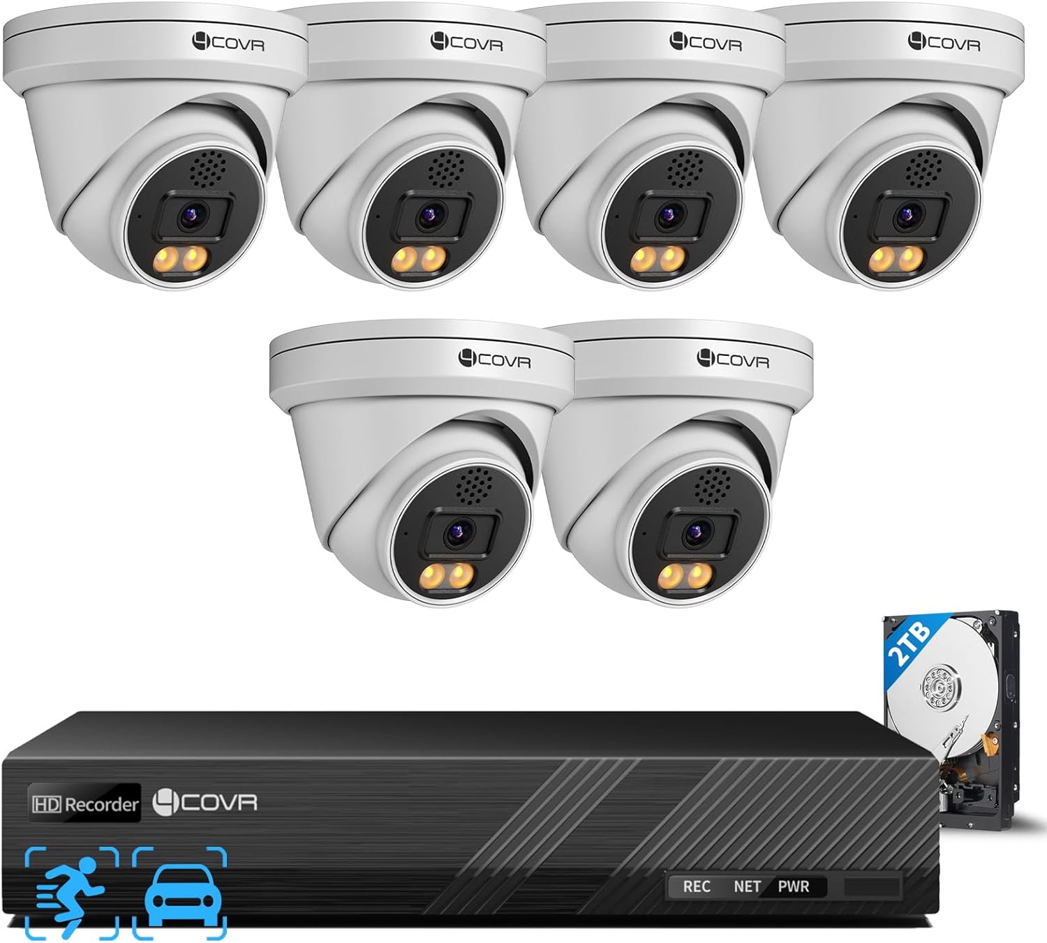 4COVR PoE Security Camera System, 2 Way Talking, Smart Color Night Vision, AI Human/Vehicle Detection, 8CH 8MP NVR with 2TB HDD, 6X 5MP Dome IP Cameras IP67 Outdoor, Remote Access, LY97KA5M0806-1