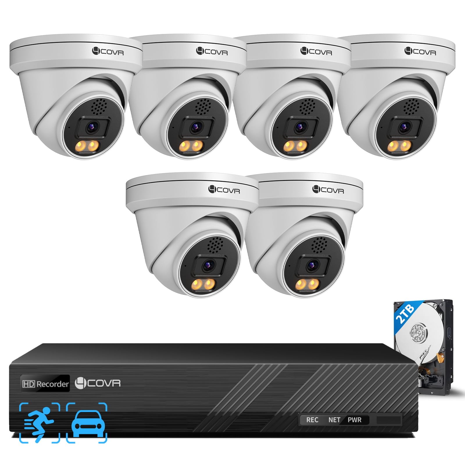 4COVR PoE Security Camera System, 2 Way Talking, Smart Color Night Vision, AI Human/Vehicle Detection, 8CH 8MP NVR with 2TB HDD, 6X 5MP Dome IP