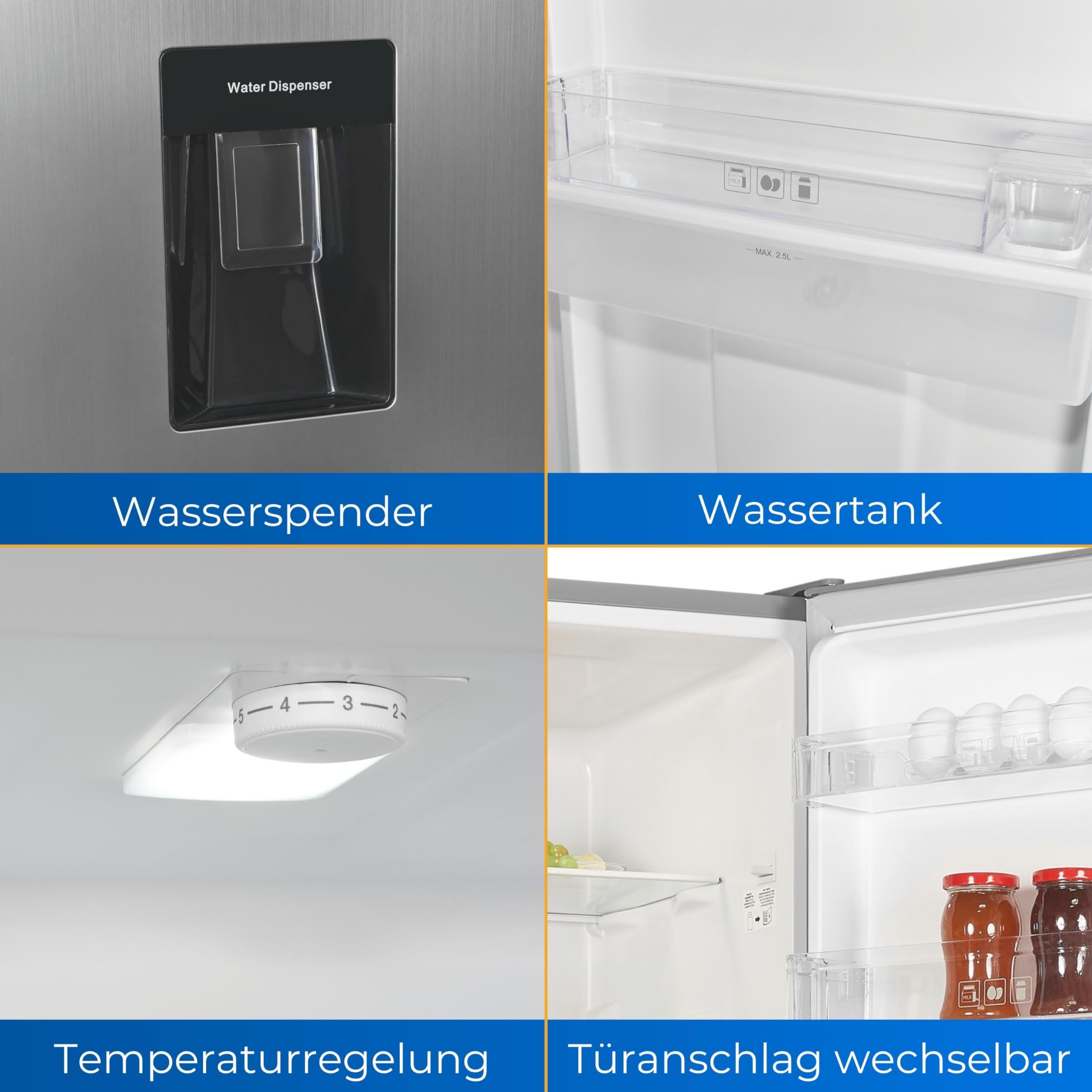 Exquisit® Frigorífico Combi, 260L, Clase D, Material Acero Inox, Dispensador de Agua, Cajón Verdulero, 4 Estantes de Cristal, Altura Regulable, Luz LED, Consumo 168 kWh/año, Medidas 179,5x55x56 Cm.