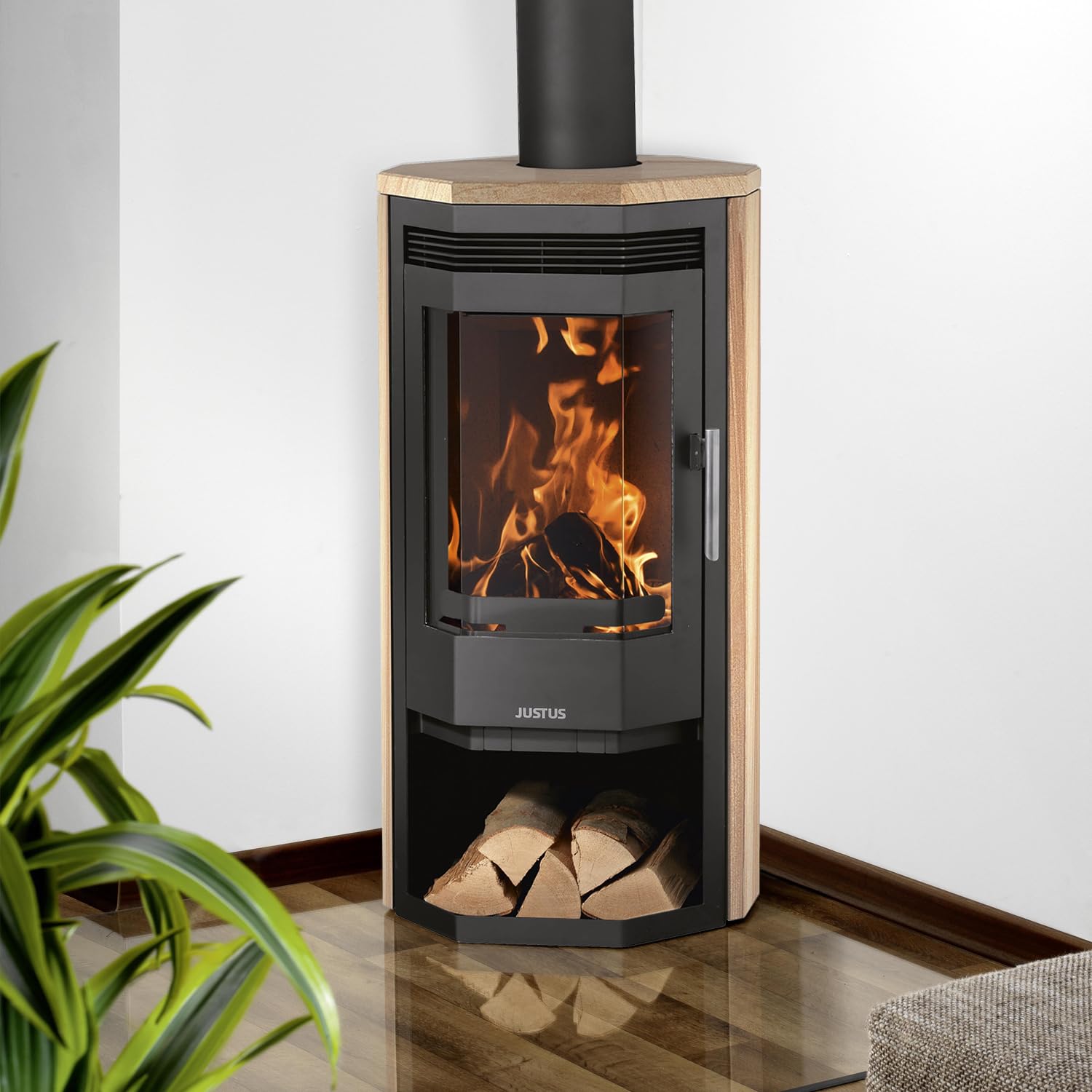 Justus Usedom 5 Kaminofen Stahl Schwarz mit Sandsteinverkleidung 5,5 kW Nennleistung Prismaglas Scheibenspülung Holzfach Bauart 1 Rauchrohr 150 mm
