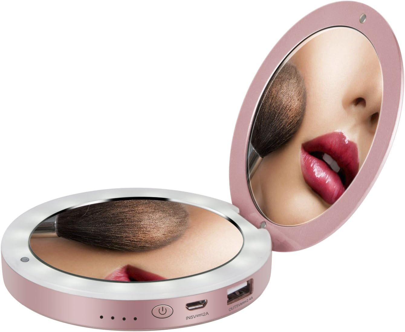 Shinngo 3000mAh Portable Charger Mirror Compact Vanity Mirror with Lights for Personal Handheld Makeup (Rose-Gold)