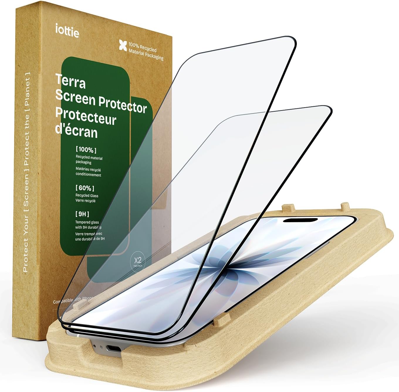 iOttie Terra Screen Protector for iPhone 17, 9H Hardness Tempered Glass, Eco-Friendly Reusable Alignment Tray, Includes 2 Screen Protectors