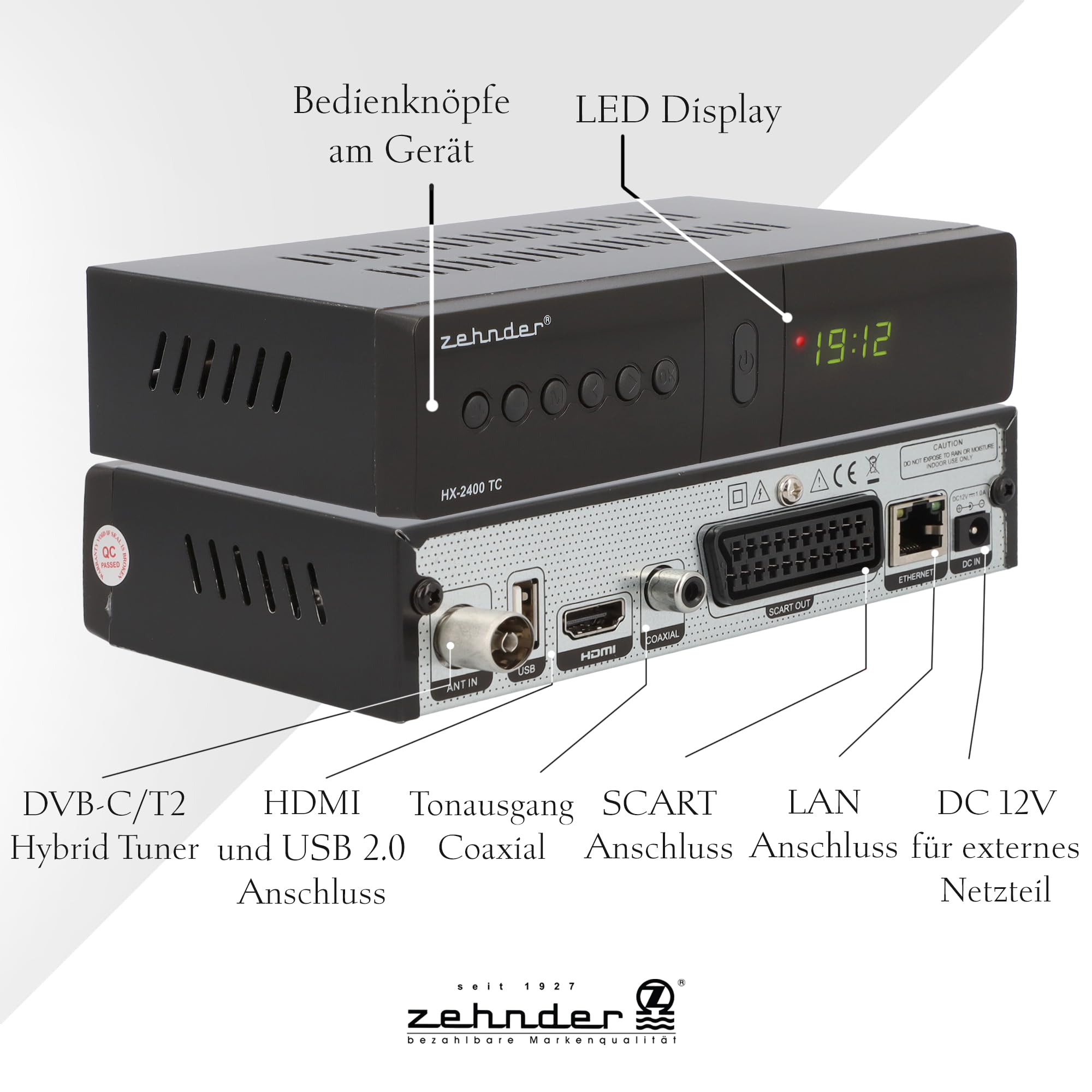 ZEHNDER HX 2400 TC Hybrid Receiver - DVB-C und DVB-T2 geeignet, Receiver für TV, Aufnahme und Timeshift Funktion über USB, 4-Stelliges LED Display, Lernbare Fernbedienung, 12V Netzteil, Full HD 1080p