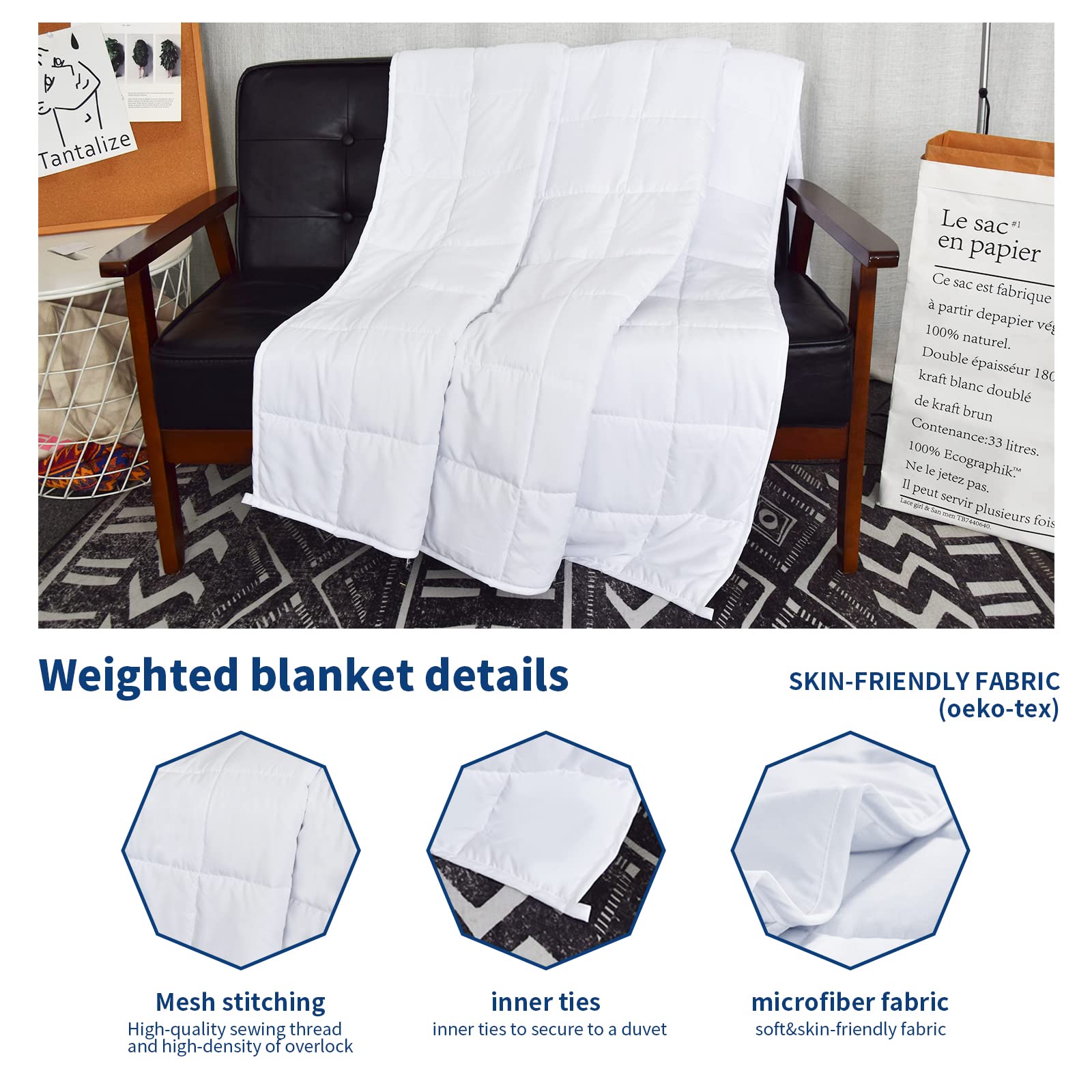 Gewichtete Decke, 6,8 kg, Doppelbettgröße, weiß, 121,9 x 182,9 cm, gewichtete Decken für Erwachsene, schwere Decke ist bequem und gemütlich