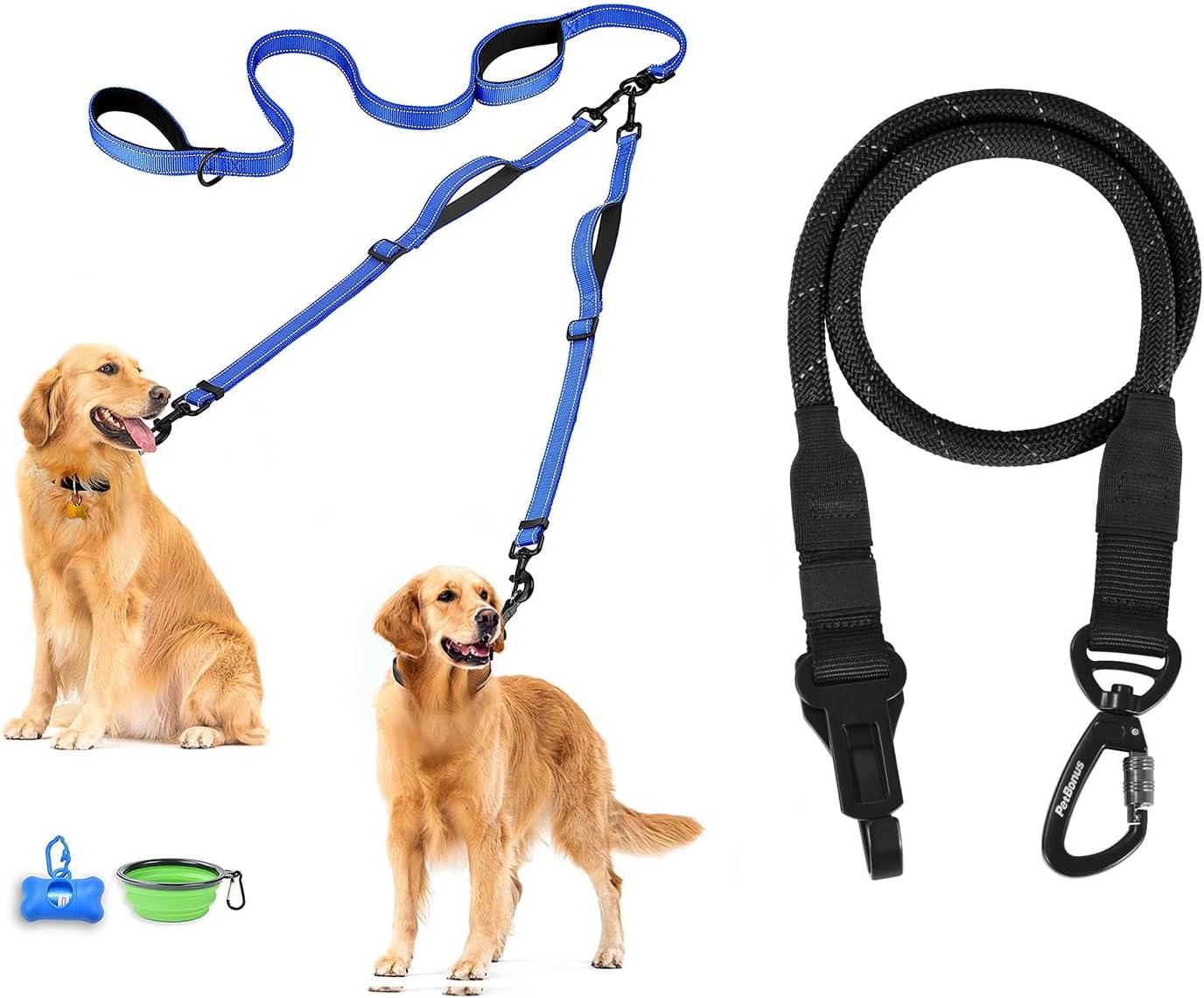 PetBonus No Tangle Double Dog Leash and Dog Seat Belt for Car