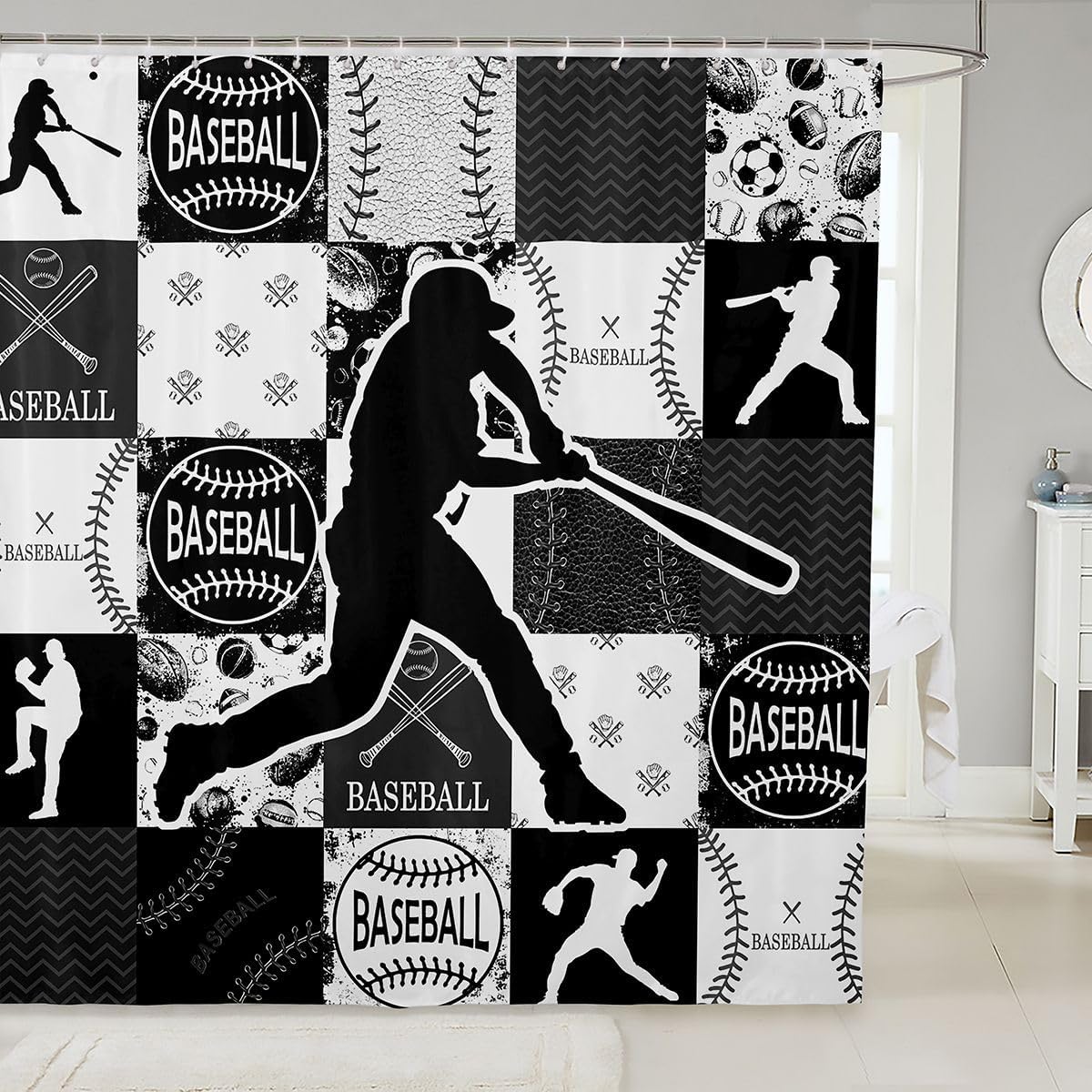 Feelyou Baseball Shower Curtain for Bathroom Decor Patchwork Bath Curtain Baseball Gaming Bathroom Accessories Dark Waterproof Polyester Fabric for Stalls Bathtubs 72"x78"