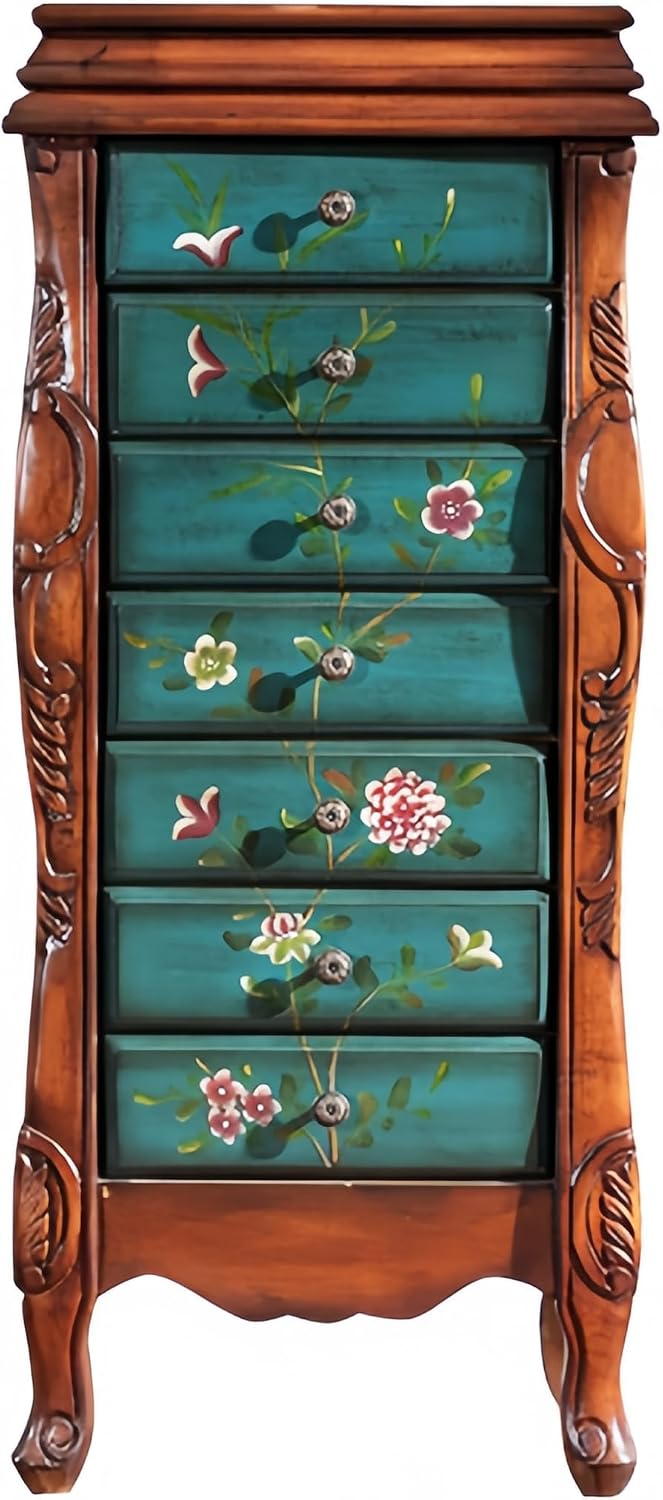 Standing Jewellery Cabinet Storage Chest with 7 Drawers, 2 Side Doors, 12 Necklace Hooks, Make-up Mirror and Top Divided Storage Organiser, Large Standing Cabinet (Brown&Blue)