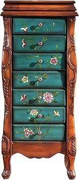 Standing Jewellery Cabinet Storage Chest with 7 Drawers, 2 Side Doors, 12 Necklace Hooks, Make-up Mirror and Top Divided Storage Organiser, Large Standing Cabinet Brown&Blue