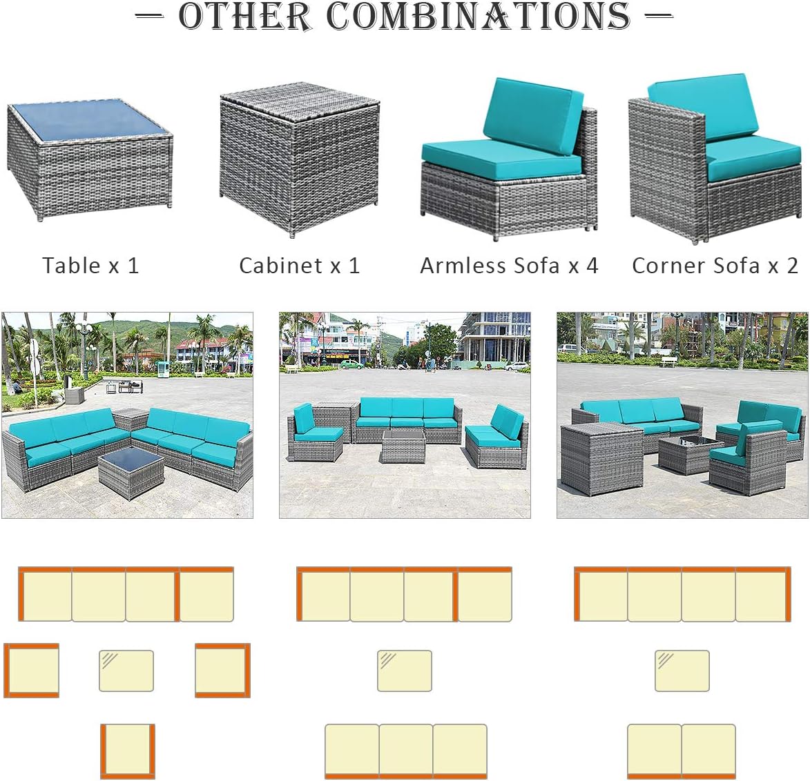 DORTALA 8Pcs Rattan Furniture Set w/Cushions, Sturdy & Durable Construction, Outdoor Wicker Rattan Conversation Sofa Set w/Storage Table, Ideal for Patio, Balcony and Indoor, Turquoise