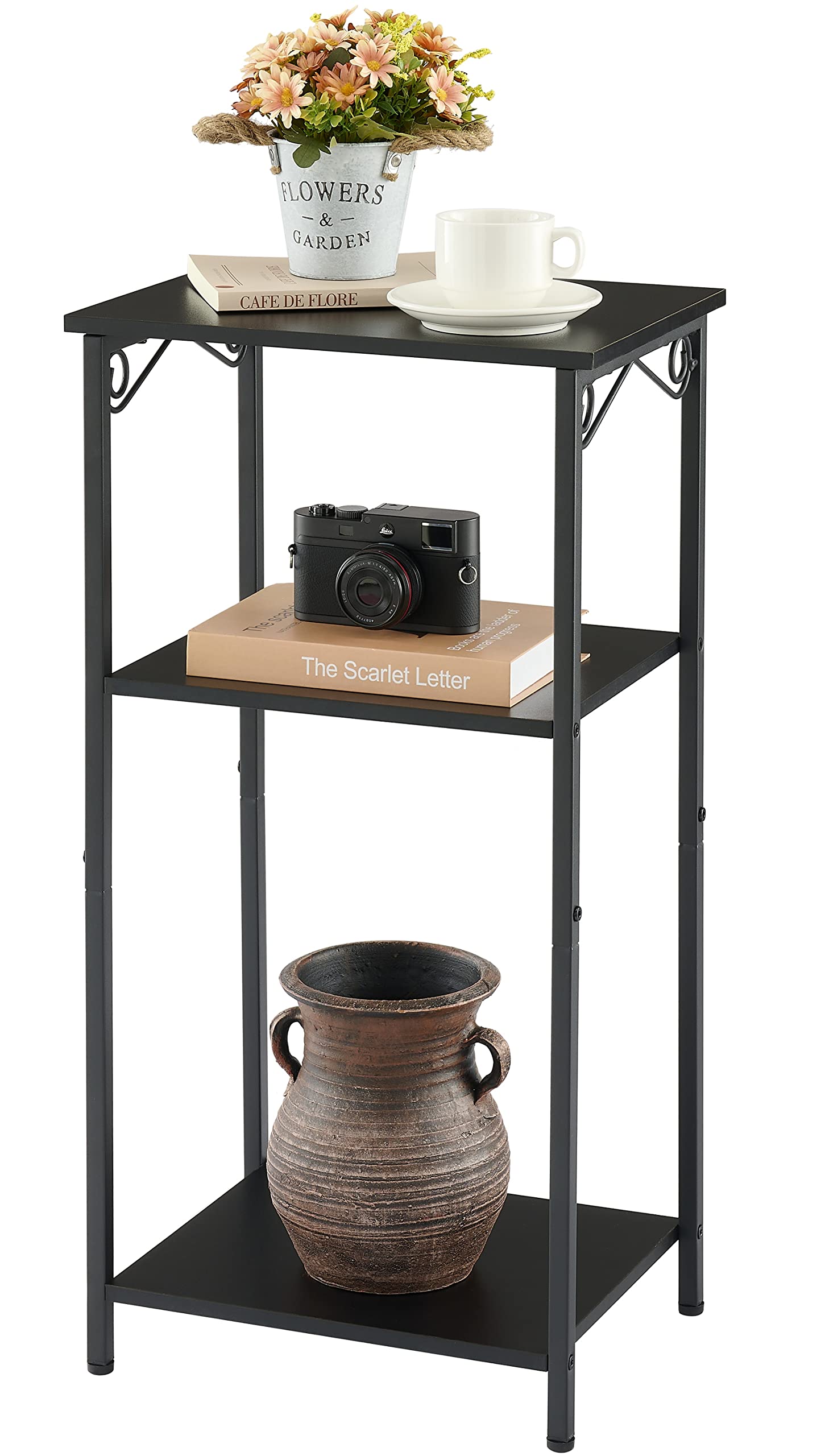 Hoctieon 3 Tier Tall End Table, Slim Night Table, Narrow Side Table with Storage, Tall Nightstand for Small Spaces, Metal Frame, for Living Room, Bedroom, Sofa Couch, Hallway, Black