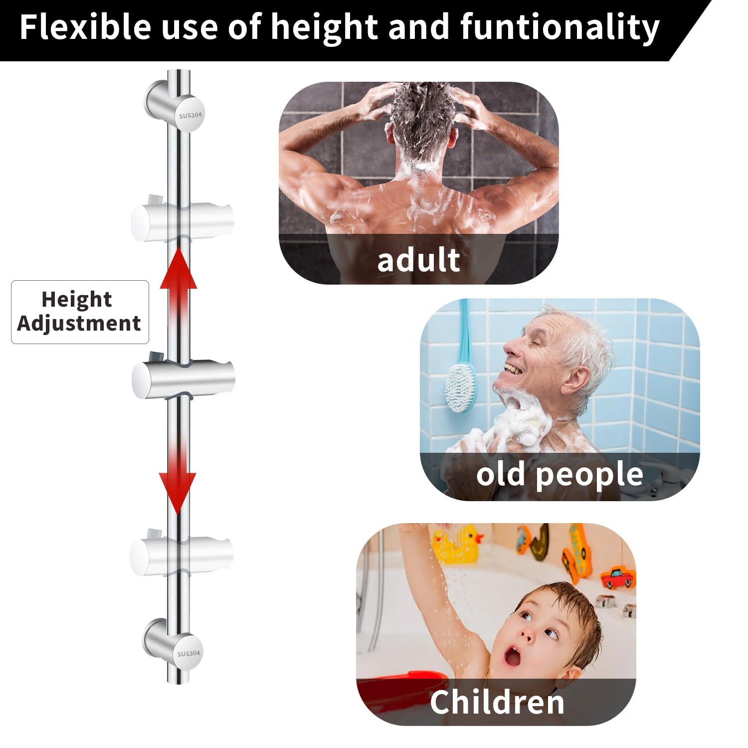 Vista Barre de douche de 66 cm en acier inoxydable SUS304 pour salle de bain - Fixation murale réglable - Argent brossé