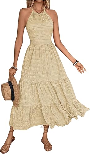SOLY HUX Women's Summer Dress Halter Sleeveless A Line Ruffle Hem Flowy Long Dre