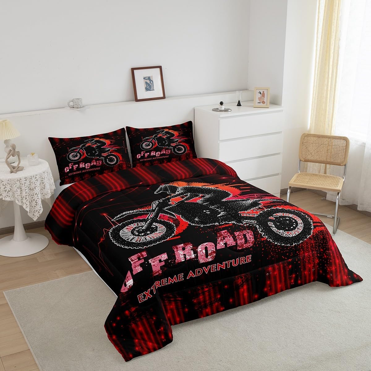 Feelyou Dirt Bike Comforter Set Queen Size Racing Motocross Rider Comforter for Boys Girls Teens Extreme Sports Bedding Set Motorbike Duvet Set Black Red Quilt Set
