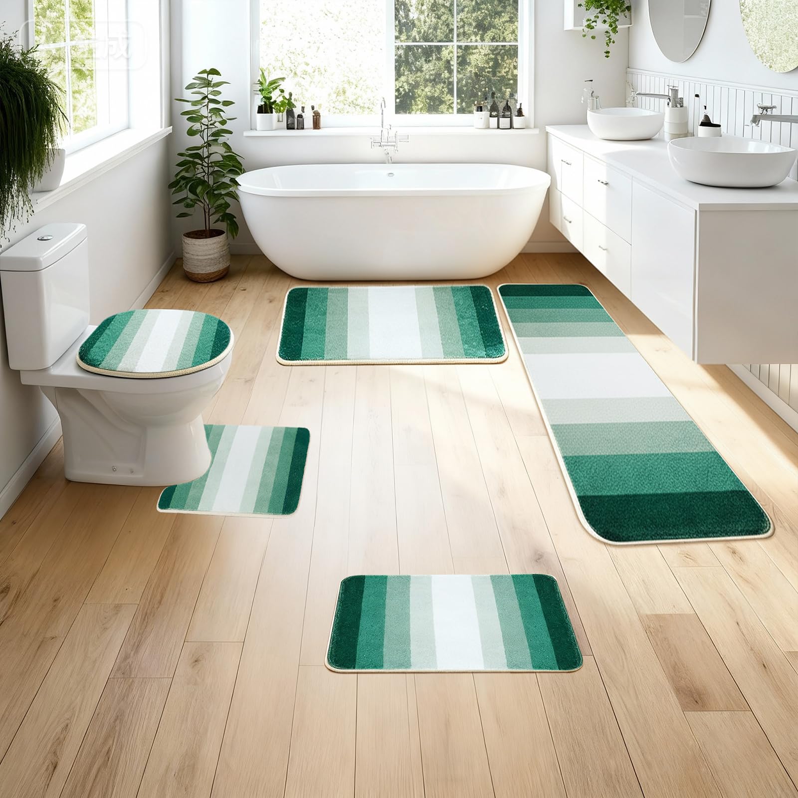 Nuanchu 5 Pcs Morandi Gradient Green Bathroom Rugs Set Soft and Absorbent Microfiber Bathroom Rug with U-Shaped Toilet Mat and Toilet Cover, Thick Non-Slip Plush Bath Mat Set