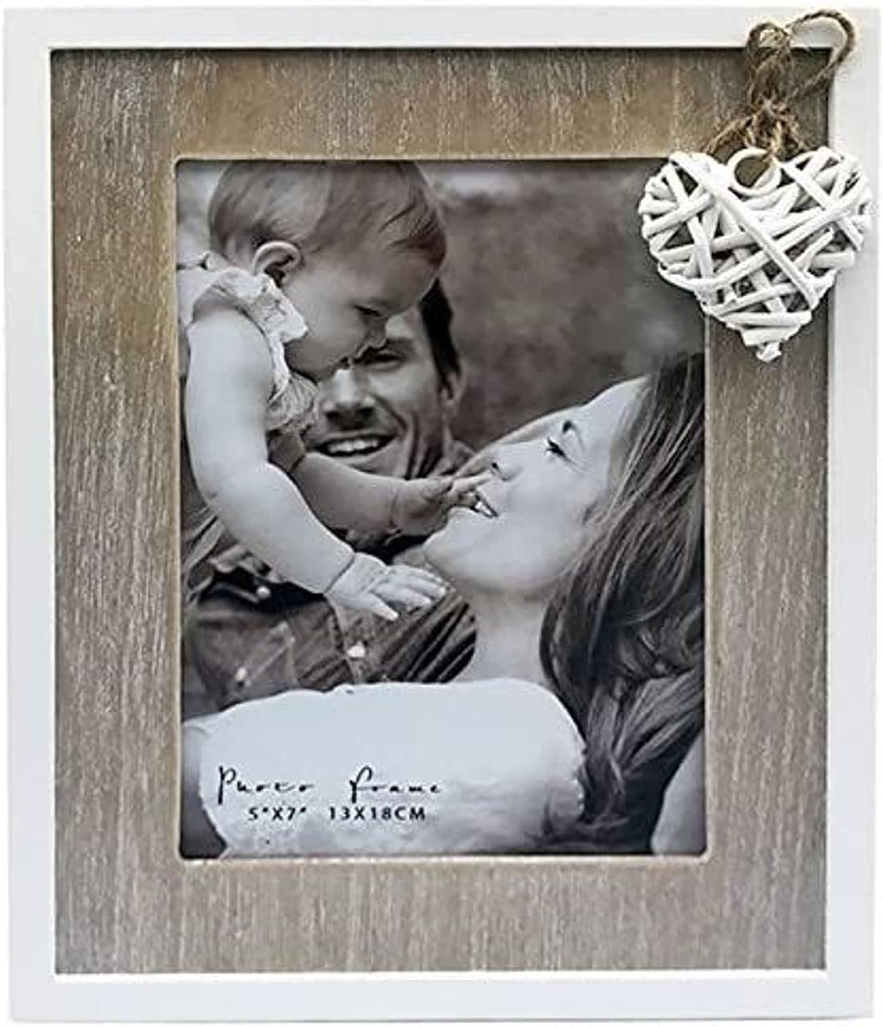 5x7" Distressed Wooden Photo Frame in Natural Wood and Off White With a Heart Detail. Contemporary Love Collection. A Delicate Choice Perfect for a Birthday or Anniversary. Photo Size 5x7
