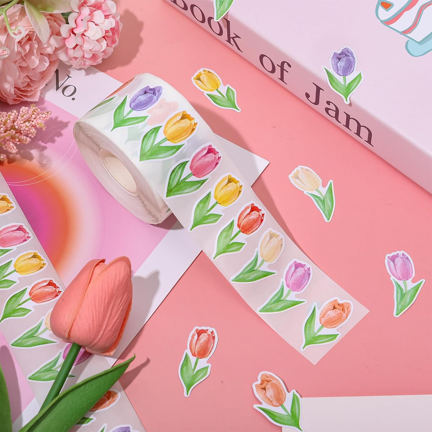 FYSUIMU 1000 Pcs Spring Floral Stickers Roll Watercolor Colorful Tulip Flower Self-Adhesive Sticker Decals for Scrapbook Journal Decor Birthday Holiday, 8 Designs