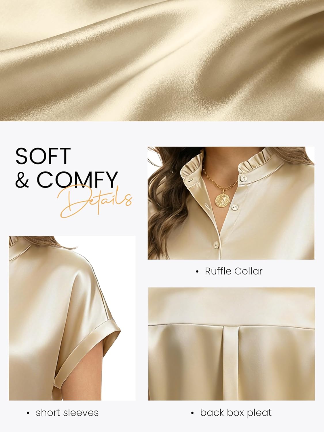 Funlingo Women's Silk Satin Button Down Shirts Short Sleeve Ruffle Collar Blouses Summer Business Casual Work Tops - Image 6