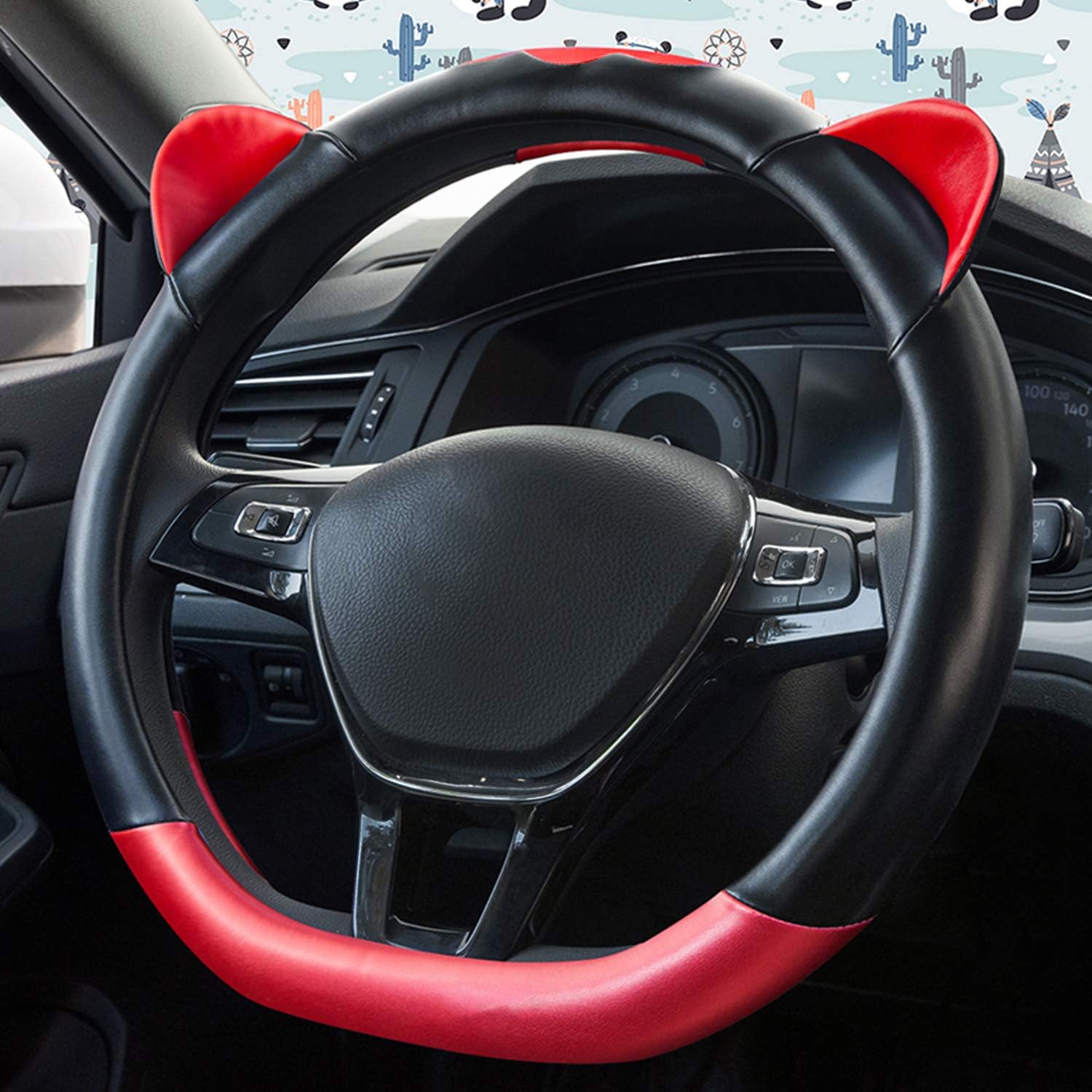 Ergocar Cartoon Cat Ears D-Shape Car Steering Wheel Cover Non-Slip Car Steering Wheel Protector Microfiber PU Leather Universal for D-Type Diameter 38cm(15")