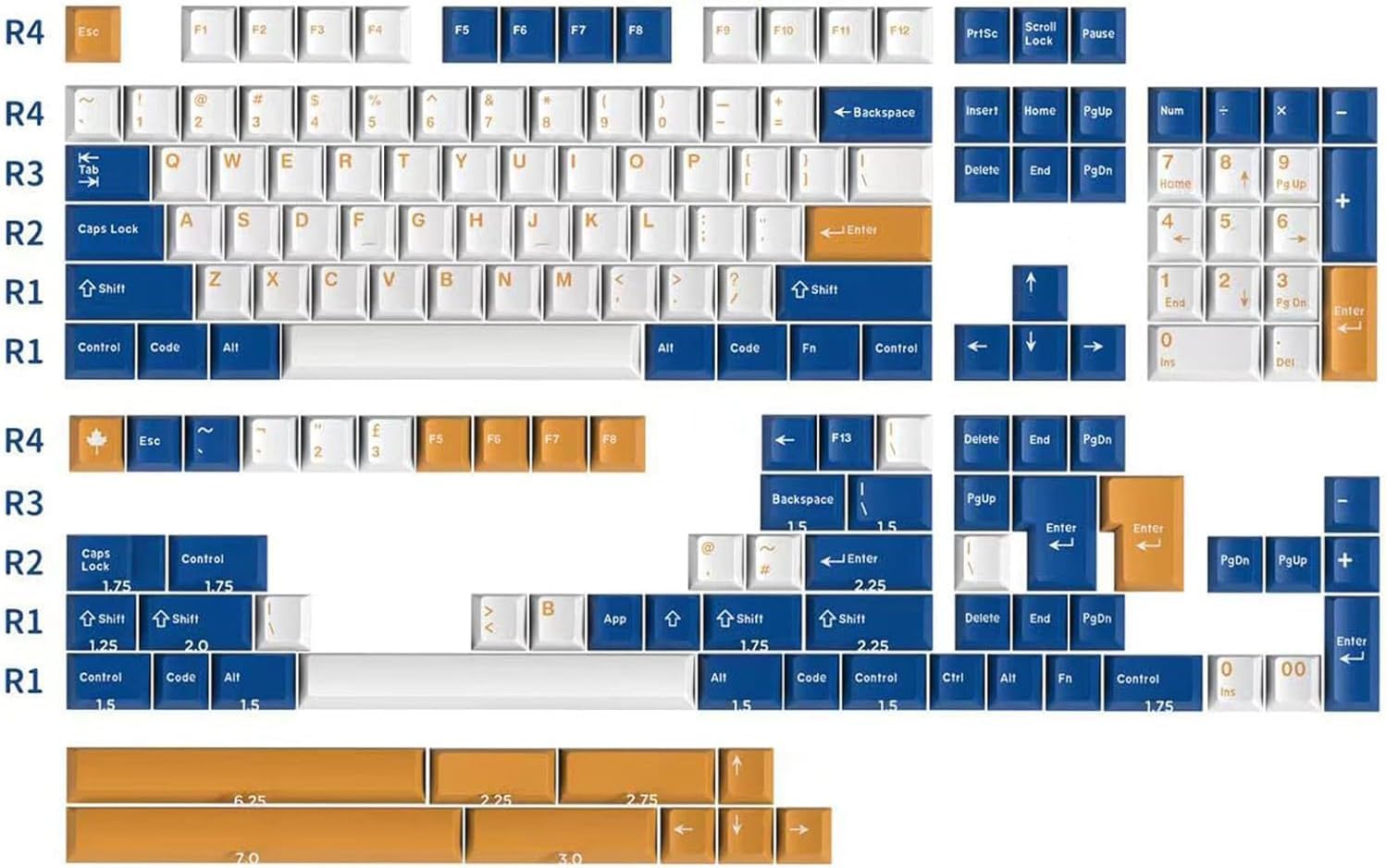 ABS Keycaps 172 Keycaps Sets 6.25u 7u Cherry Height Profile Double Color keycaps Compatiable with 61/64/87/104/108 Cherry Mx Switches ISO ANSI Layout Mechanical Keyboards