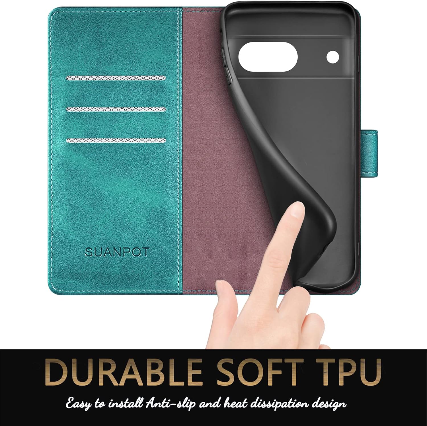 SUANPOT for Google Pixel 7A(Non Pixel 7/7Pro) Wallet case 【RFID Blocking】 Credit Card Holder, Flip Folio Book PU Leather Phone case Shockproof Cover Women Men for Pixel7A Phone case Blue Green image 5