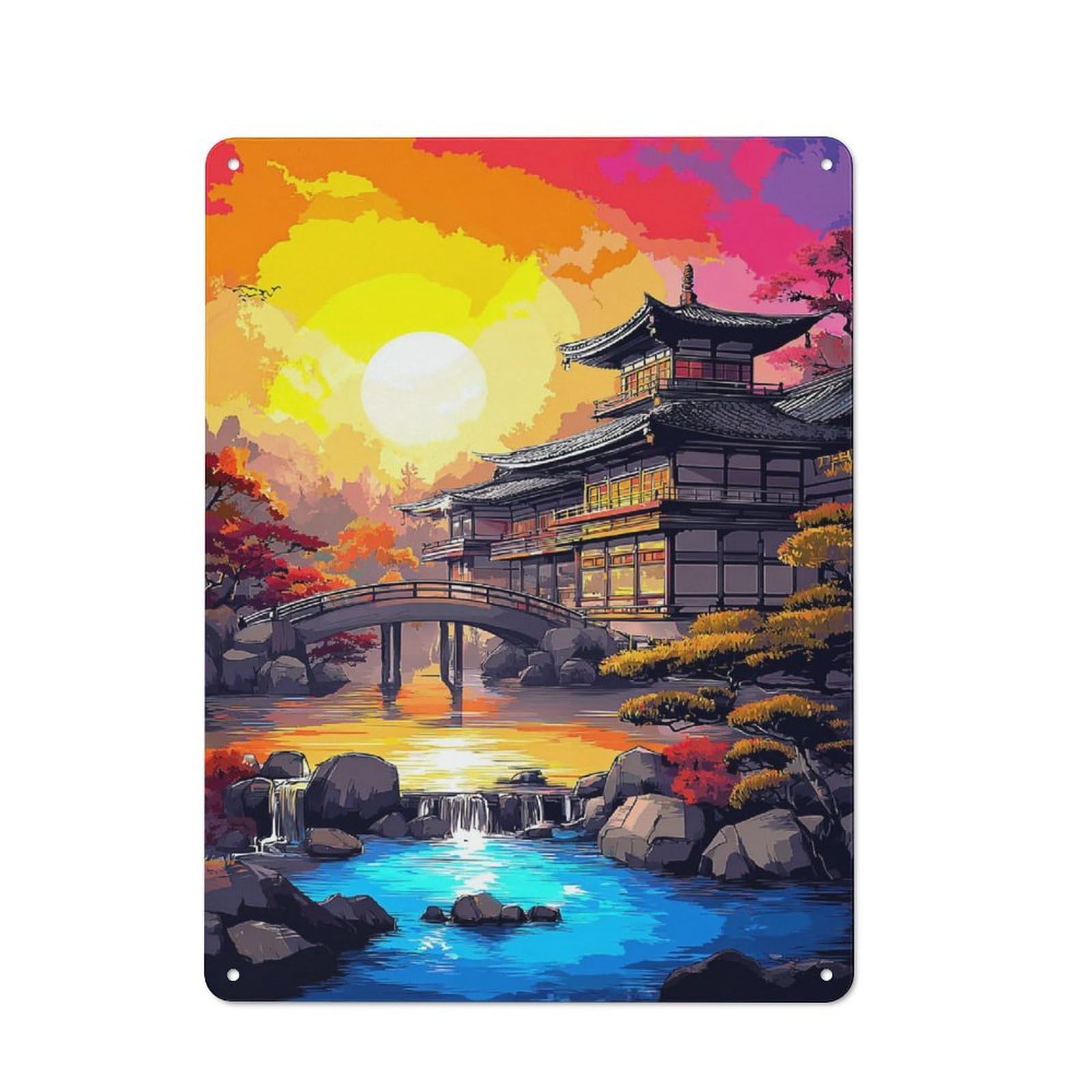 Junmoney Japanese Garden Sunset Serenity -1 Country Metal Wall Decor 40X30cm, Tin Wall Plaque For Cottage, Kitchen, Hallway Or Breakfast Nook
