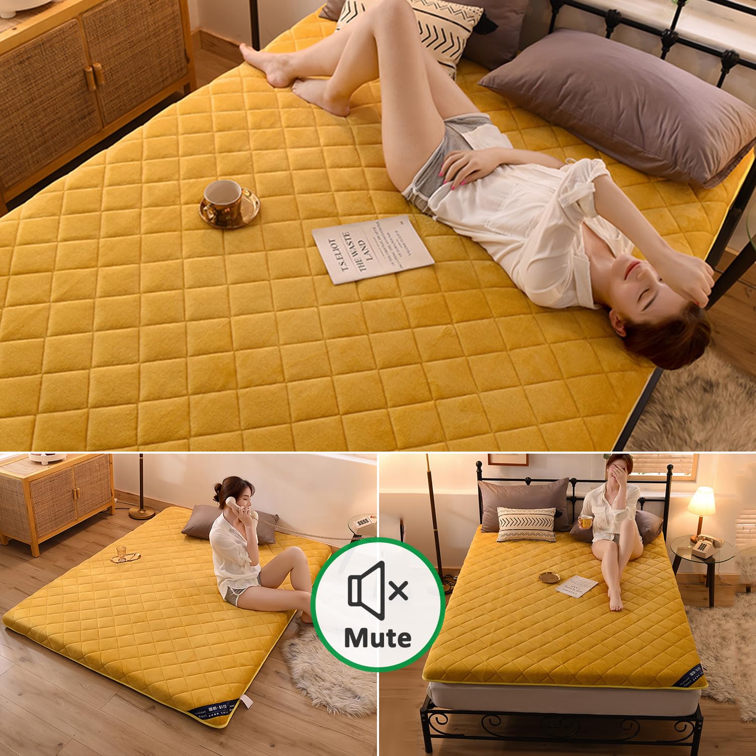 Materasso futon giapponese, coprimaterasso trapuntato, arrotolabile, tappetino per tatami per ospiti, shikibuton, giallo, 90 x 190 cm