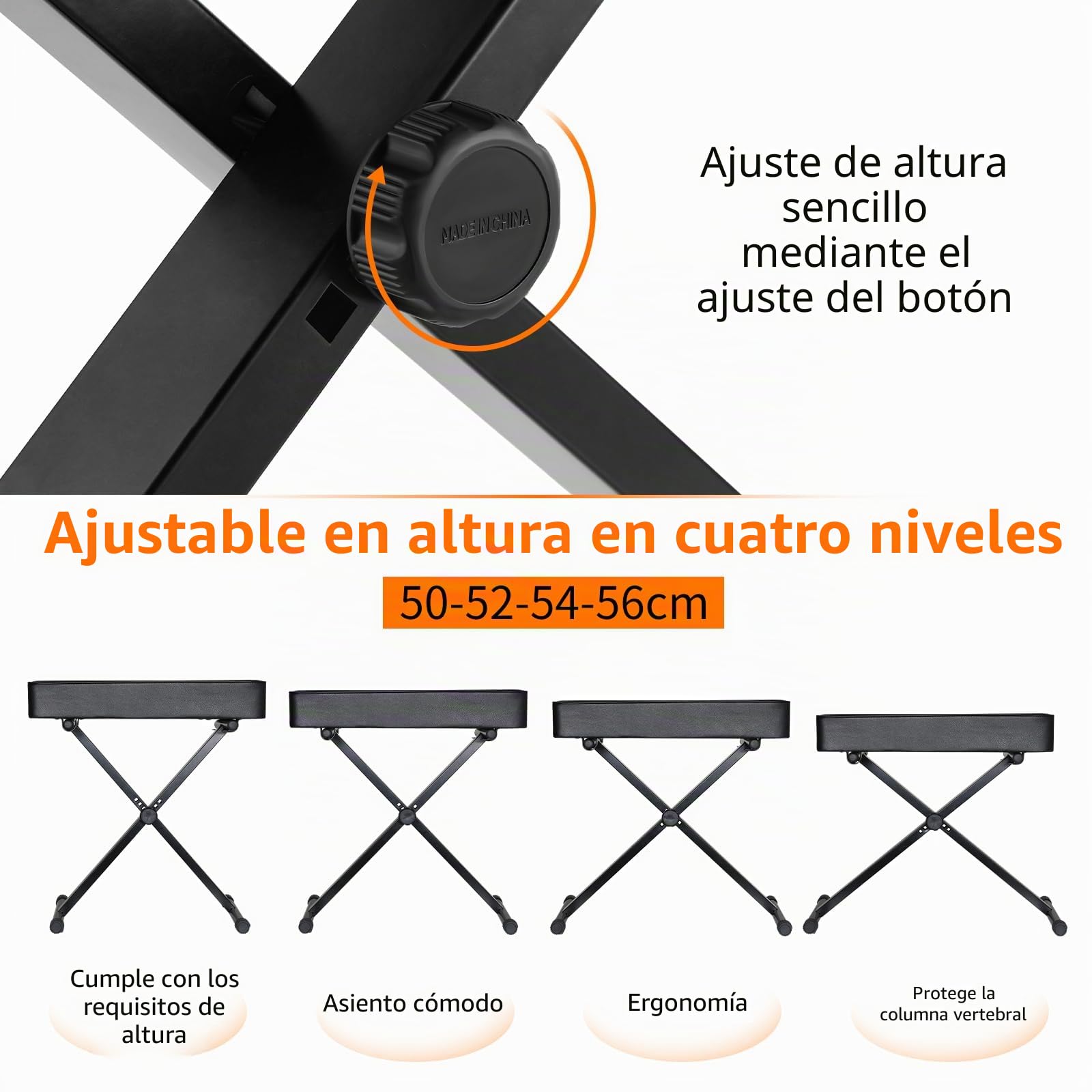 Banqueta Piano Regulable en Altura 50-52-54-56CM, Taburete Piano con Cojín de PU de 8CM, Banco Piano Plegable, Banqueta de Piano en Forma de X, Banco de Teclado con Capacidad de Carga de 100KG, Negro
