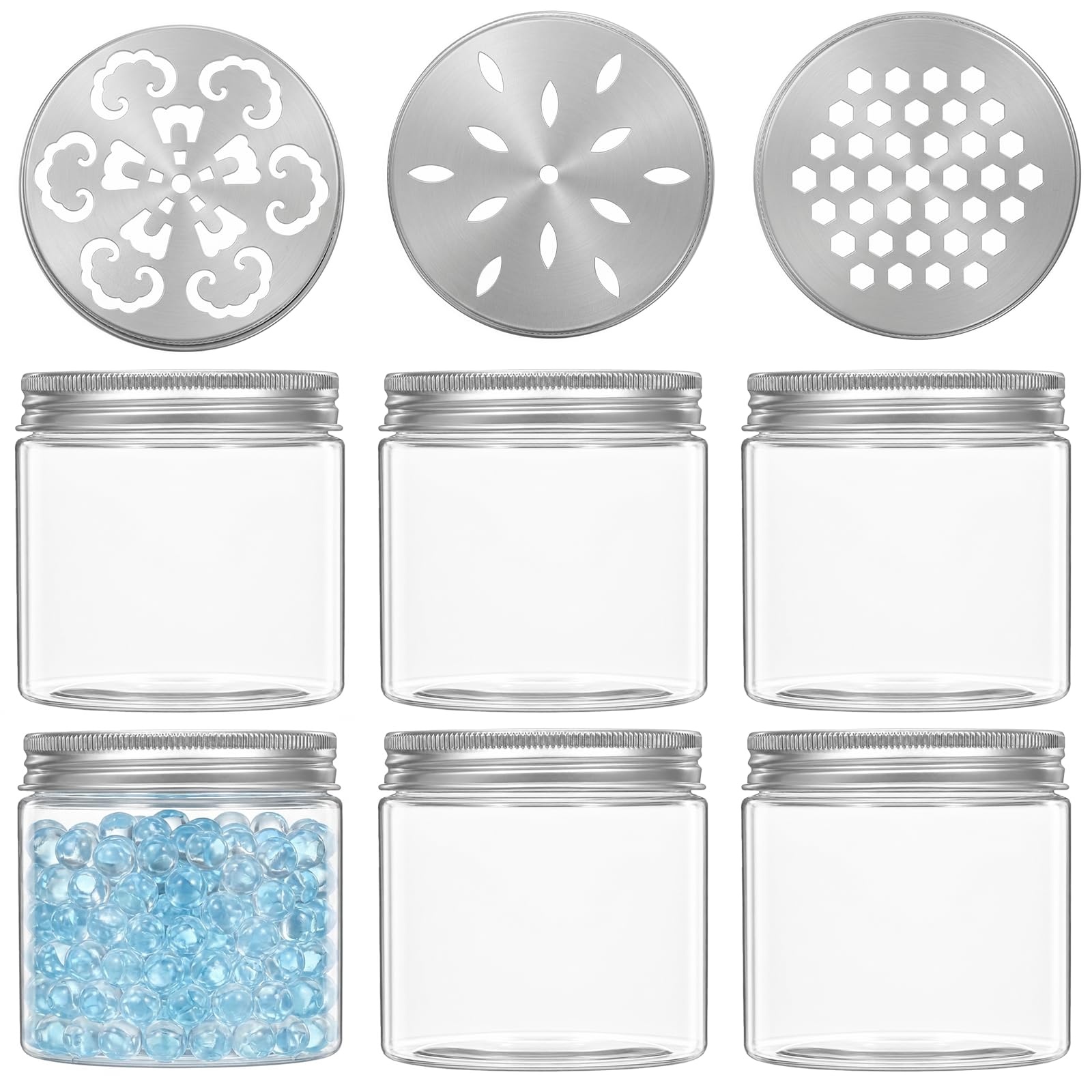 Photo 1 of 6Pcs 5 OZ 150ml Empty Scent Beads Storage Container, Perfume Container with Hollow Lids Plastic Empty Storage Containers Refillable Clear Small Round Jars for Aromatherapy Scent Beads (3 Styles)