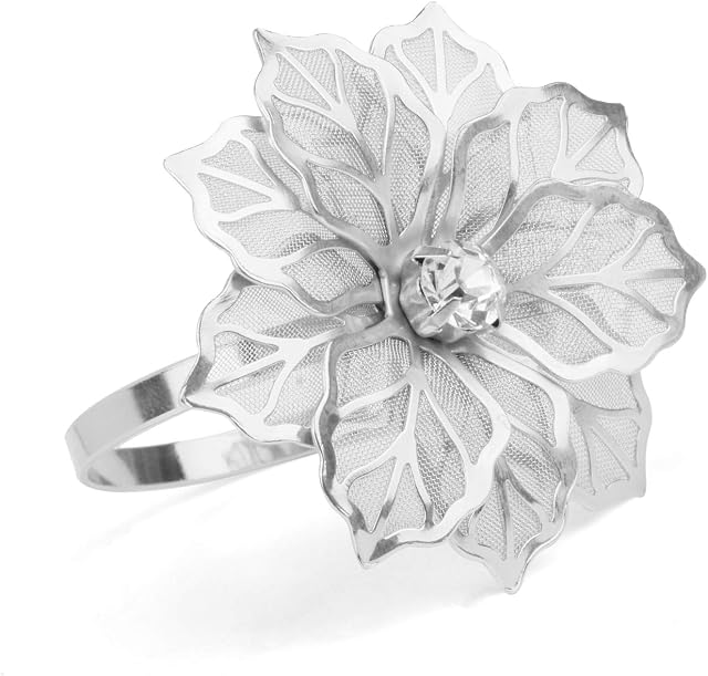Vindar 12 PCS Silver Napkin Rings Hollow Out Floral Alloy Napkin Rings Holders for for Christmas Dinner Wedding Birthday Party Holiday Banquet Buckles Decor Favor