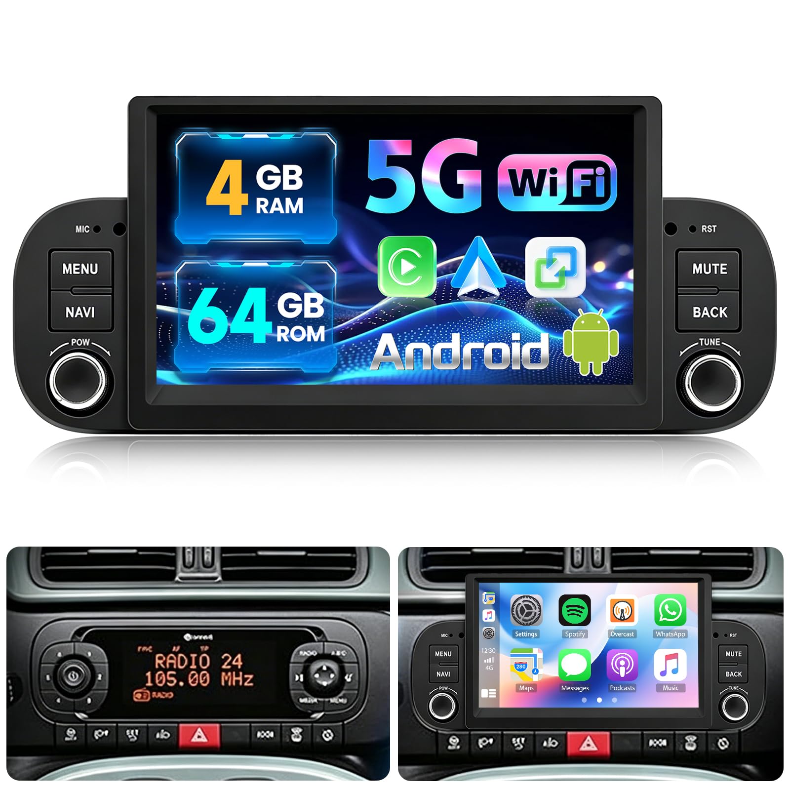 JAWSEU 4+64G Autoradio Android per Fiat Panda 2013-2020 con CarPlay e Android Auto 9" Schermo con GPS Bluetooth5.0 WiFi FM RDS Cámara DSP