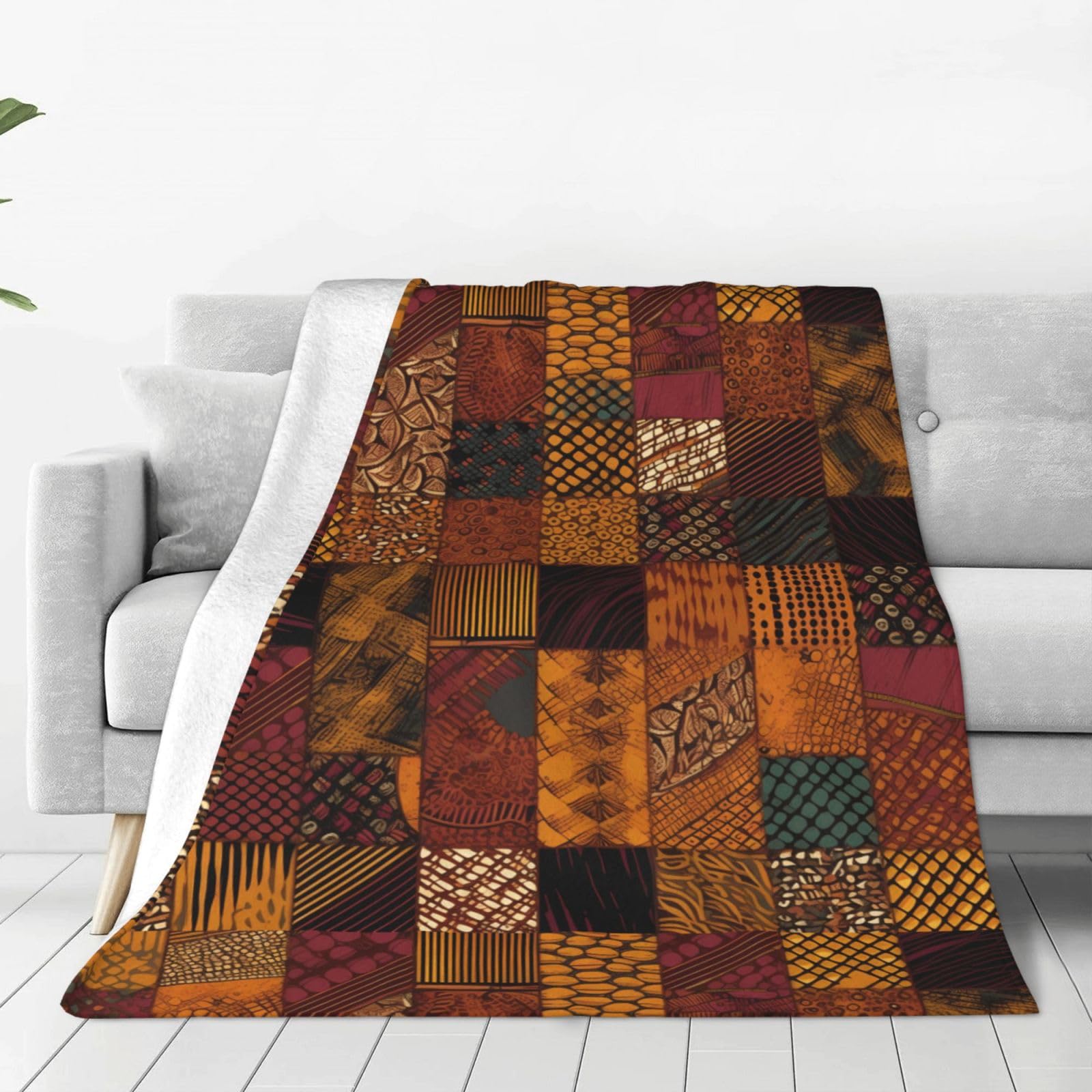 KLOPH African Style Patchwork Throw Blanket 60"x50" Flannel Fluffy Warm Blanket for Couch, Reversible Plush Blankets for Bed, Comfy Fuzzy Blanket for Sofa, Plush Lightweight-Blankets for All Season