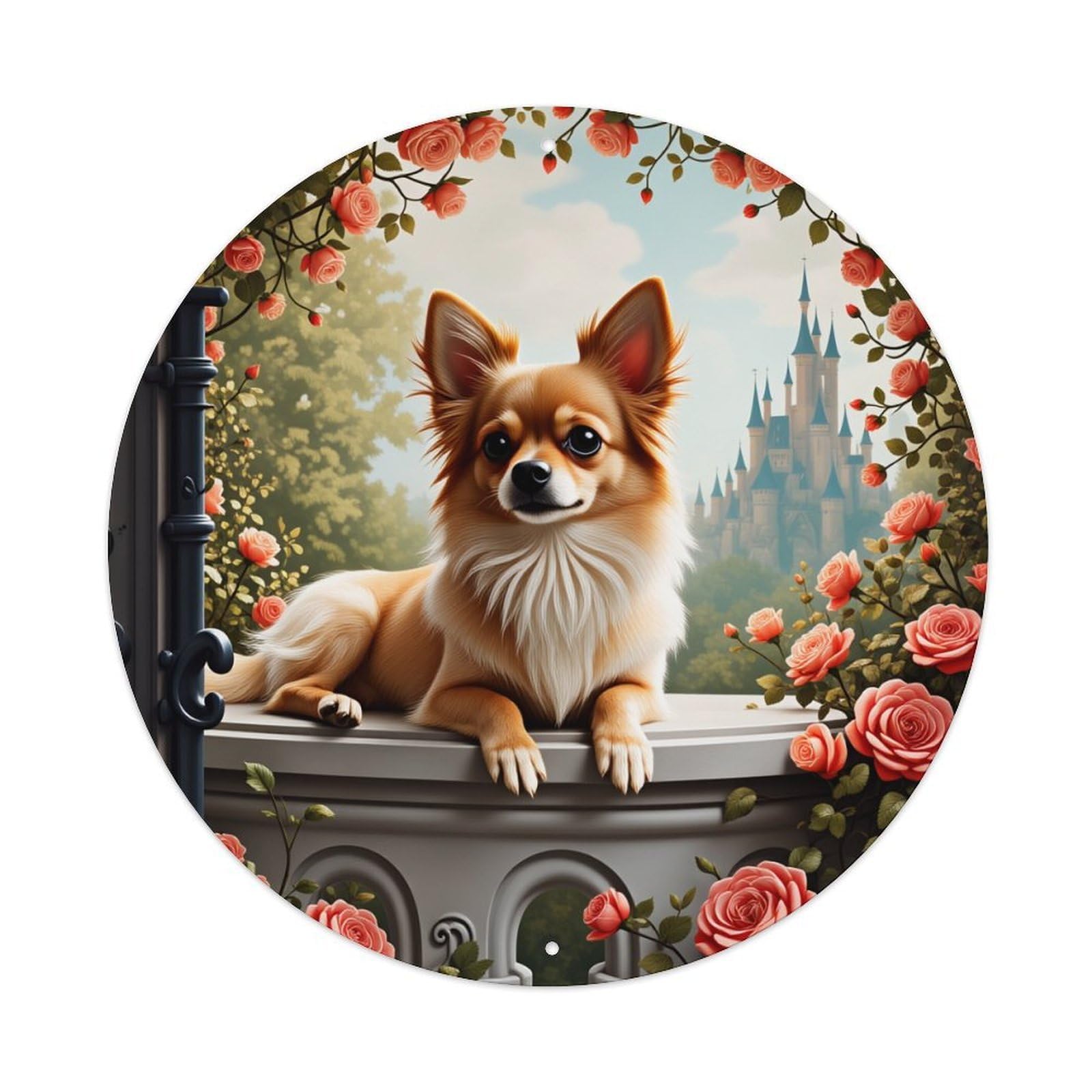 Chihuahua Castle Roses Garden Metal Tin Sign Vintage Garden Bedroom Cafe Bar Man Cave Home Wall Decor Metal Poster 8x8 inches