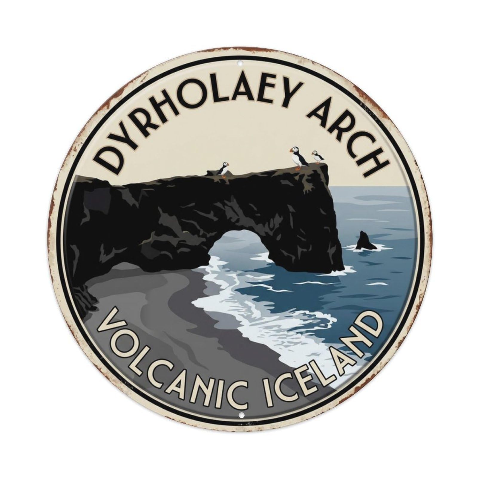 Dyrholaey Arch Volcanic Iceland Coast Metal Tin Sign Plaque Wall Decor for Cafe, Club Bar, Office, Home Garden Round Metal Poster 8x8Inch