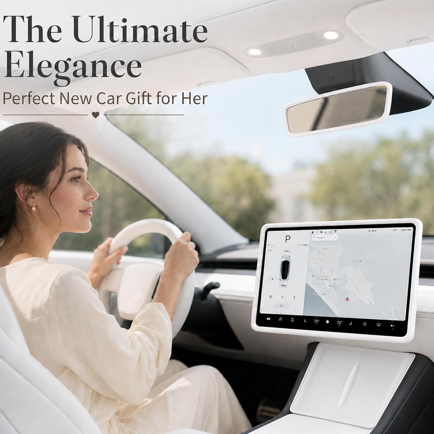 3Pcs White Silicone Interior Kit for Tesla Model 3 Highland 2024-2026 & for Model Y Juniper 2025-2026, Screen Bezel Cover, Rearview Mirror Frame Cover, Wireless Charging Pad Mat