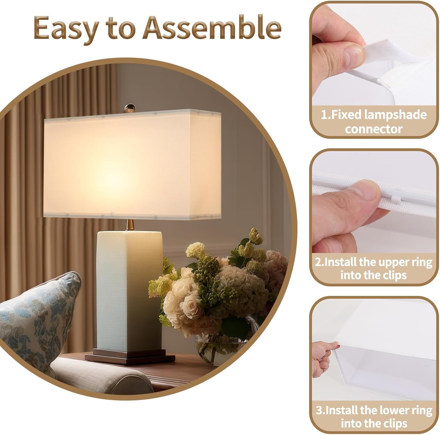 Lamp Shades Set of 2, 16"x8"x10" Large White Fabric Lamp Shades for Table Lamps & Floor Lamps, Modern Rectangle Lampshade Replacement Fits E26/E12/Spider Harp Holders, Easy Assembly