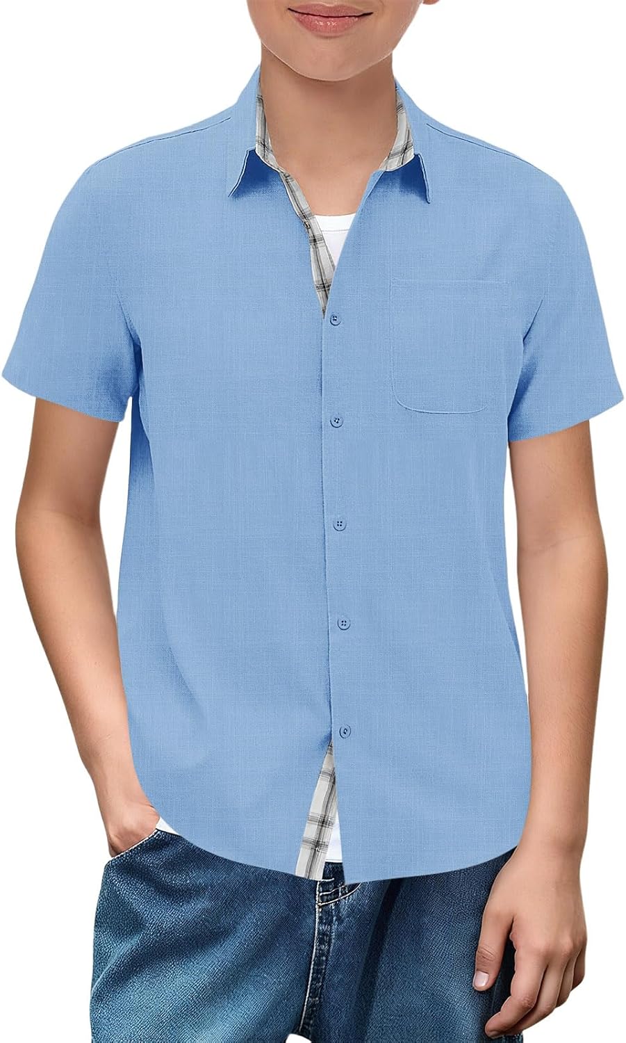 Haloumoning Boys Button Down Shirt Kids Short Sleeve Dress Shirts School Uniform Shirts with Chest Pocket 5-14 Years