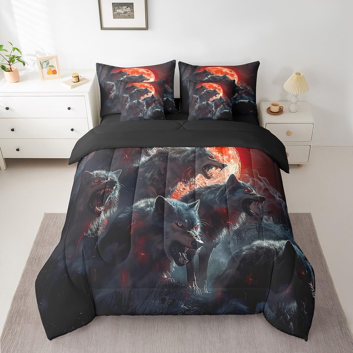 Feelyou Boys Wolf 7 Pieces Bedding Set Queen, Wolf Bed in A Bag for Kids Wolves Howling Comforter Set with Sheets Animal Wolves Bed Set 7Pcs