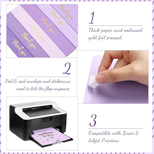 Miniatura 3 de Colarr 360 tarjetas de agradecimiento moradas con sobres, calcomanías a granel de 4 x 6 pulgadas, tarjeta de felicitación de agradecimiento en