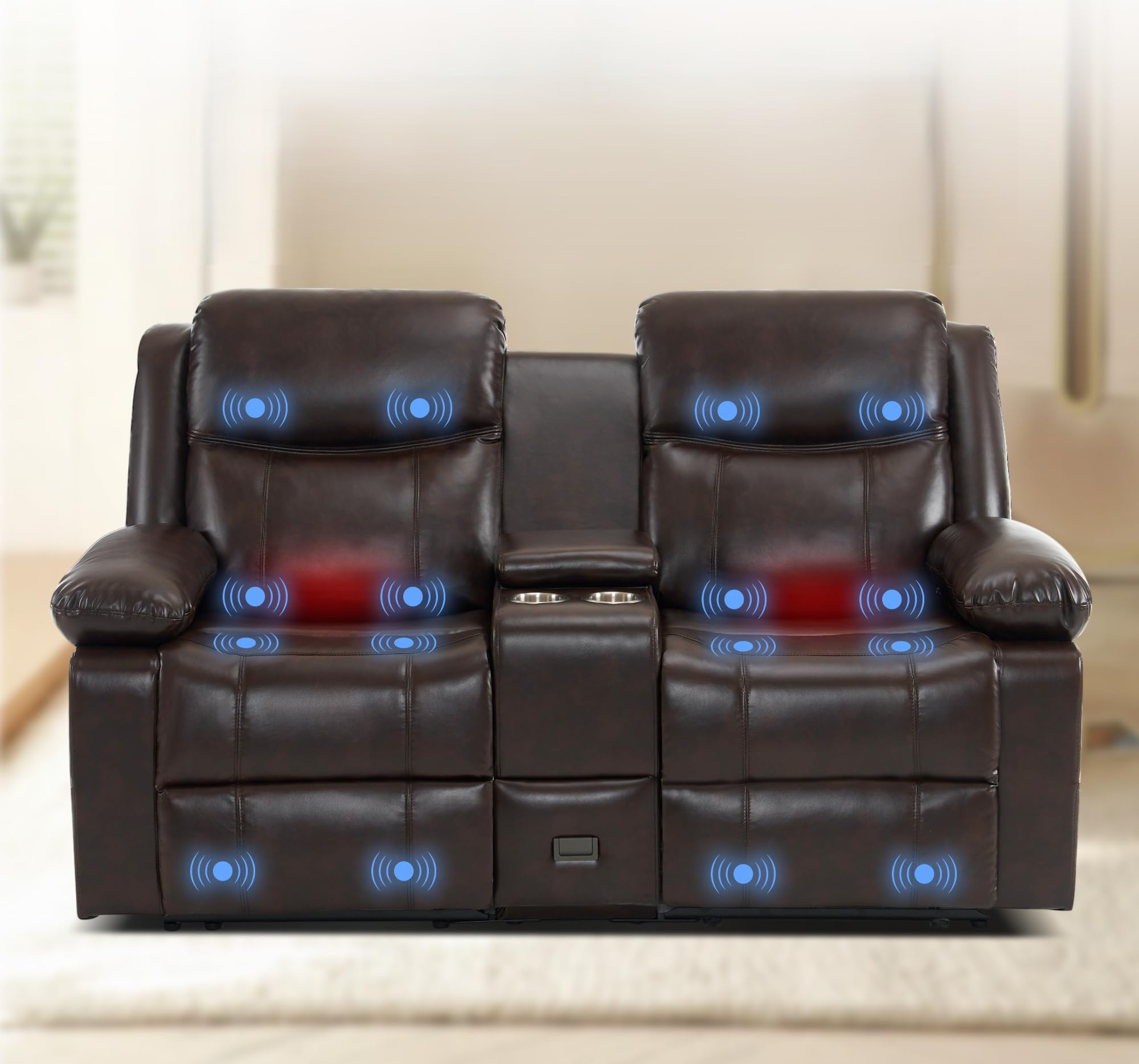 GUEAPY Reclining Loveseat with Console, Heated Massage Recliner Couch, Extended Footrest, Cup Holders, Side Pockets, Lumbar Support, Adjustable