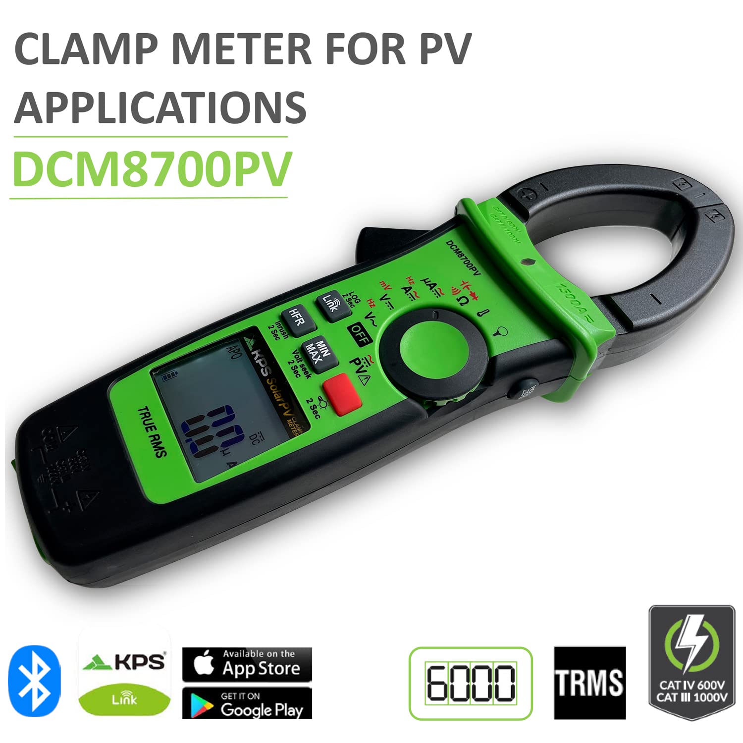 KPS-DCM8700PV Pinza Amperimétrica TRMS para Aplicaciones Solares Tensión hasta 1500VAC/2000VDC Corriente AC/DC 1500A y 4000µA DC con Bluetooth