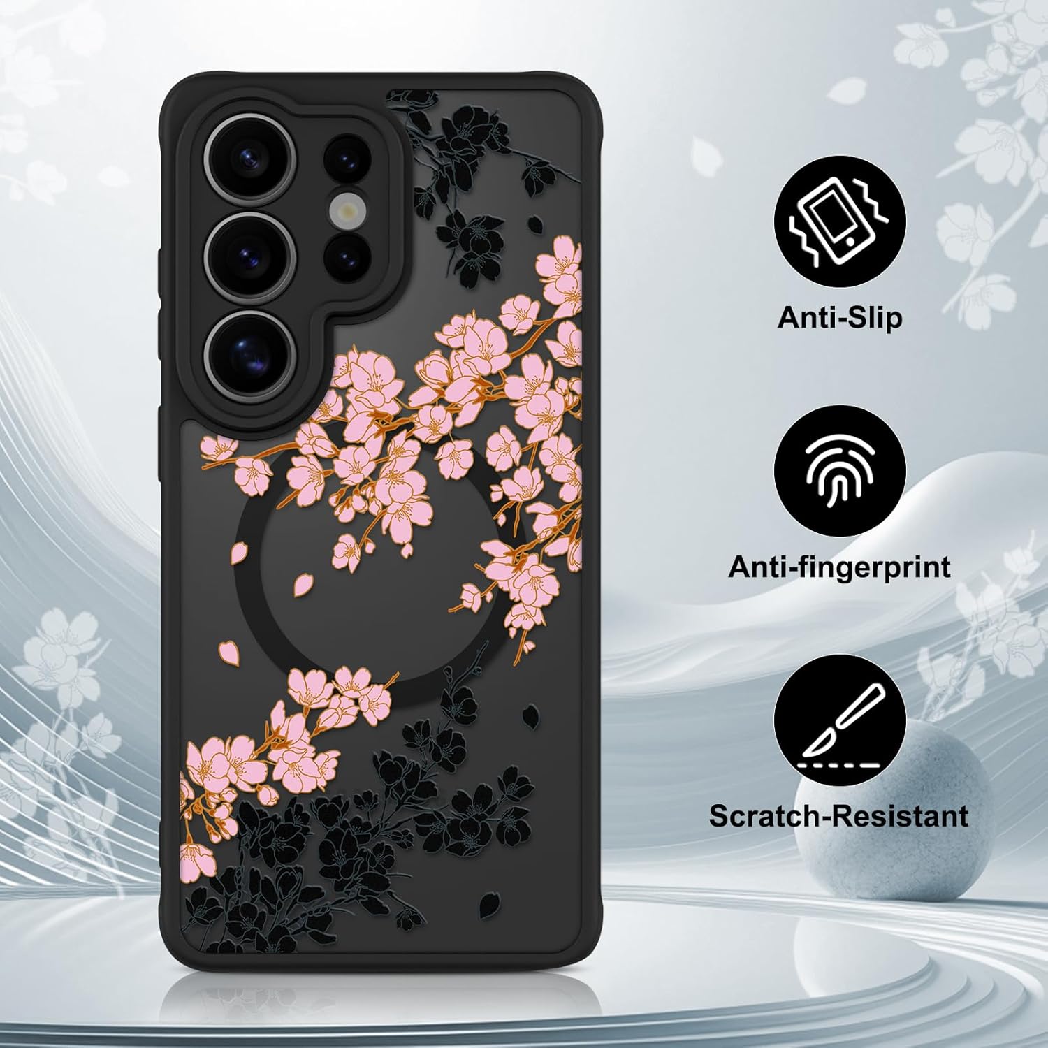 OOK Case Fit for Samsung Galaxy S26 Ultra 6.9 Inch (Wireless Charging Compatible) Pink Floral Flowers Design Translucent Phone Cover Soft TPU + Hard PC Anti-Scratch Shockproof Magnetic Case for Women
