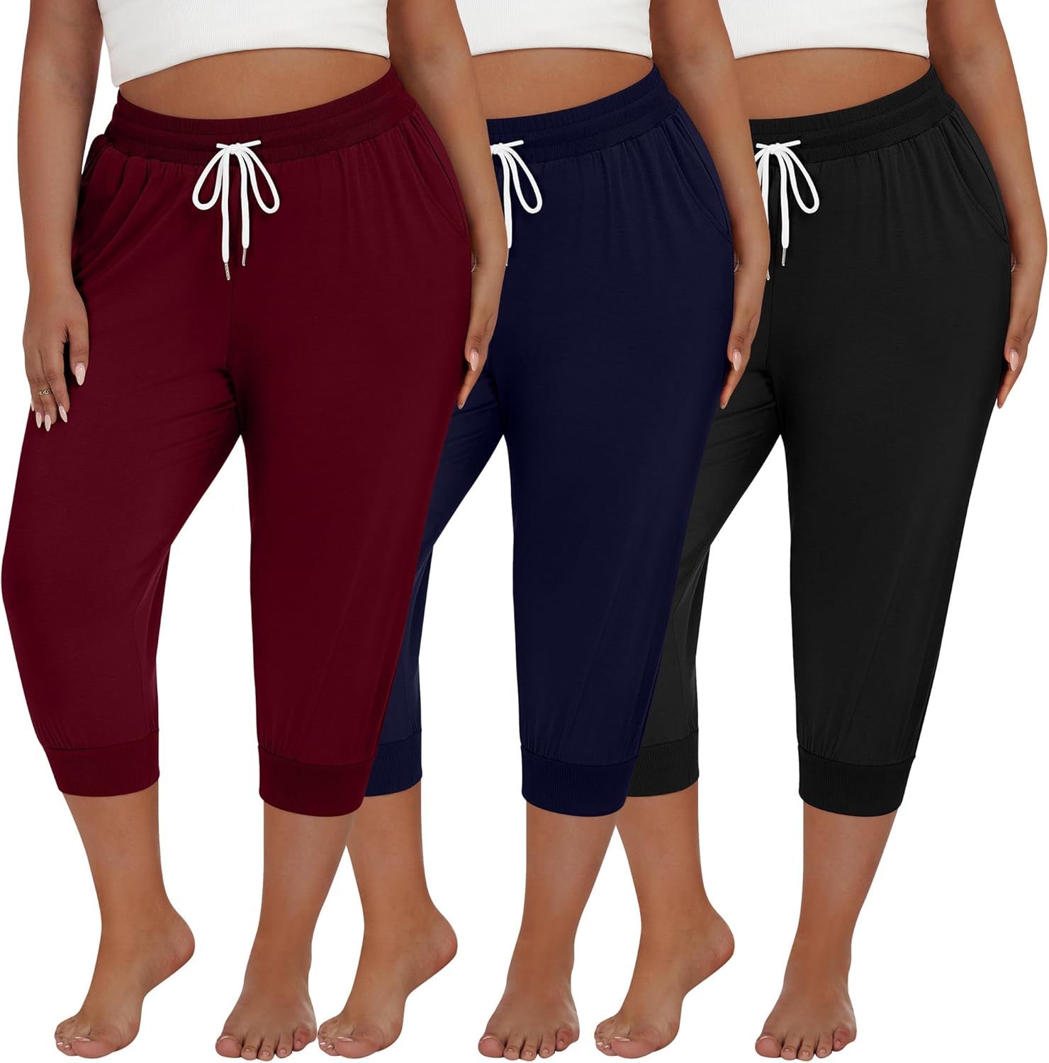 Neer 3 Pack Women's Plus Size Capris, Cotton Lounge Capri Pants Cropped Casual Sweatpants Drawstring Pants with Pockets