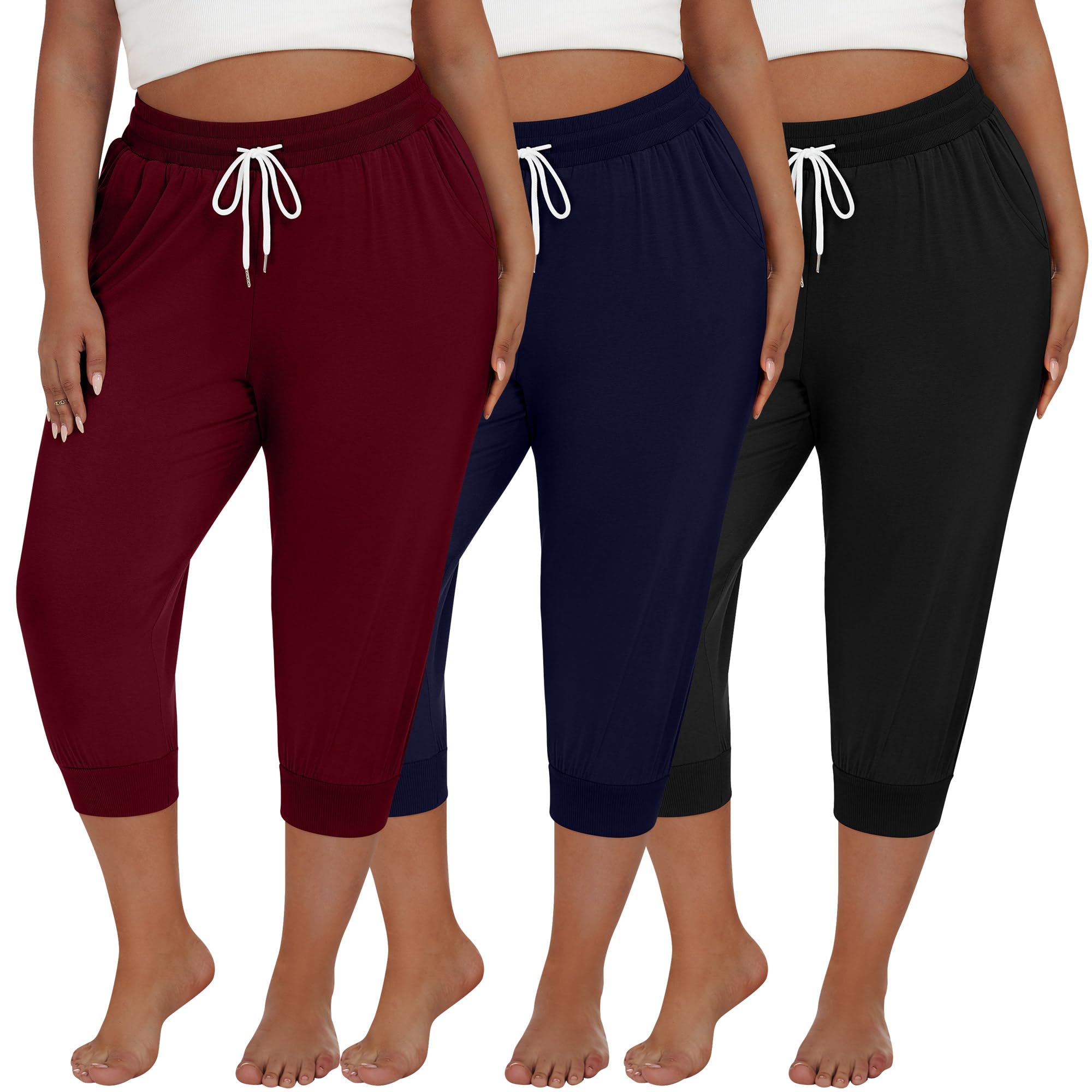 Neer Lot de 3 capris grande taille pour femme, pantalon capri en coton, pantalon de survêtement court et décontracté, avec cordon de serrage et poches