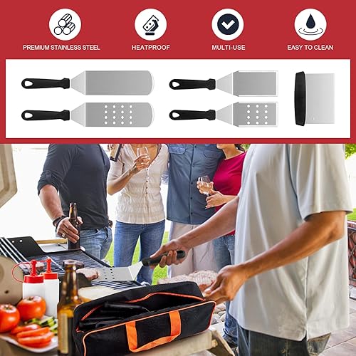 Miniatura 7 de HaSteeL Kit de 8 accesorios para plancha, espátula de metal resistente, herramientas profesionales de plancha de acero inoxidable con bolsa de